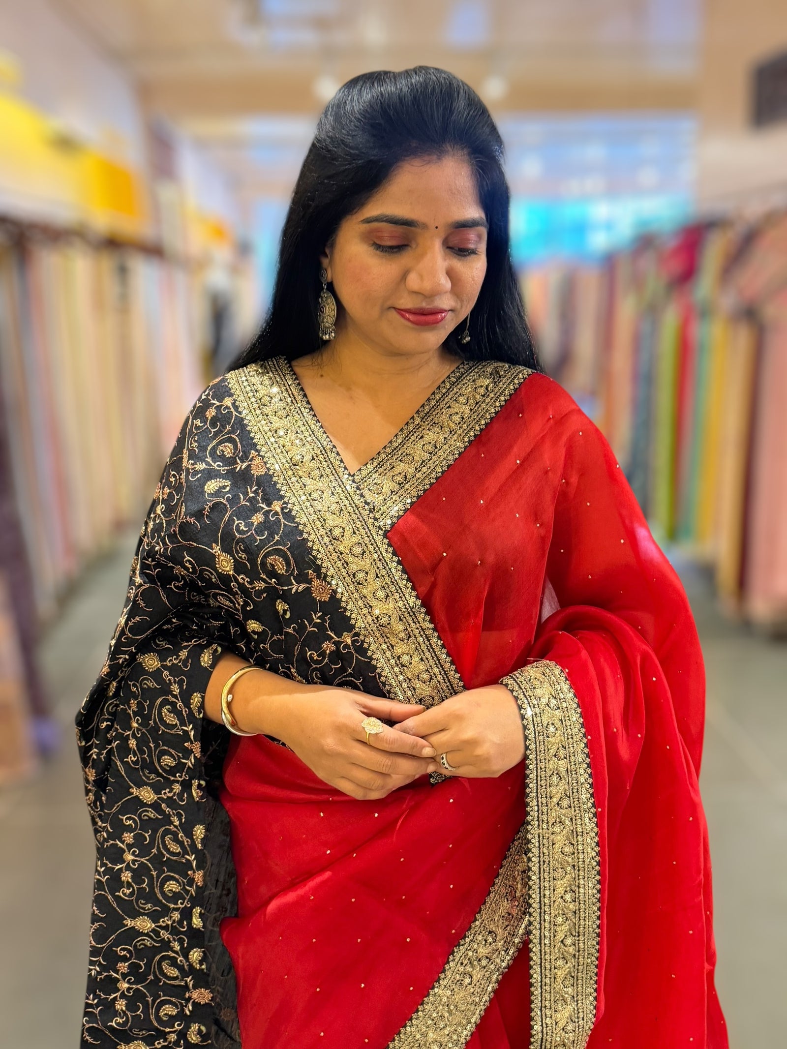 Red Organza with sabyasachi borders