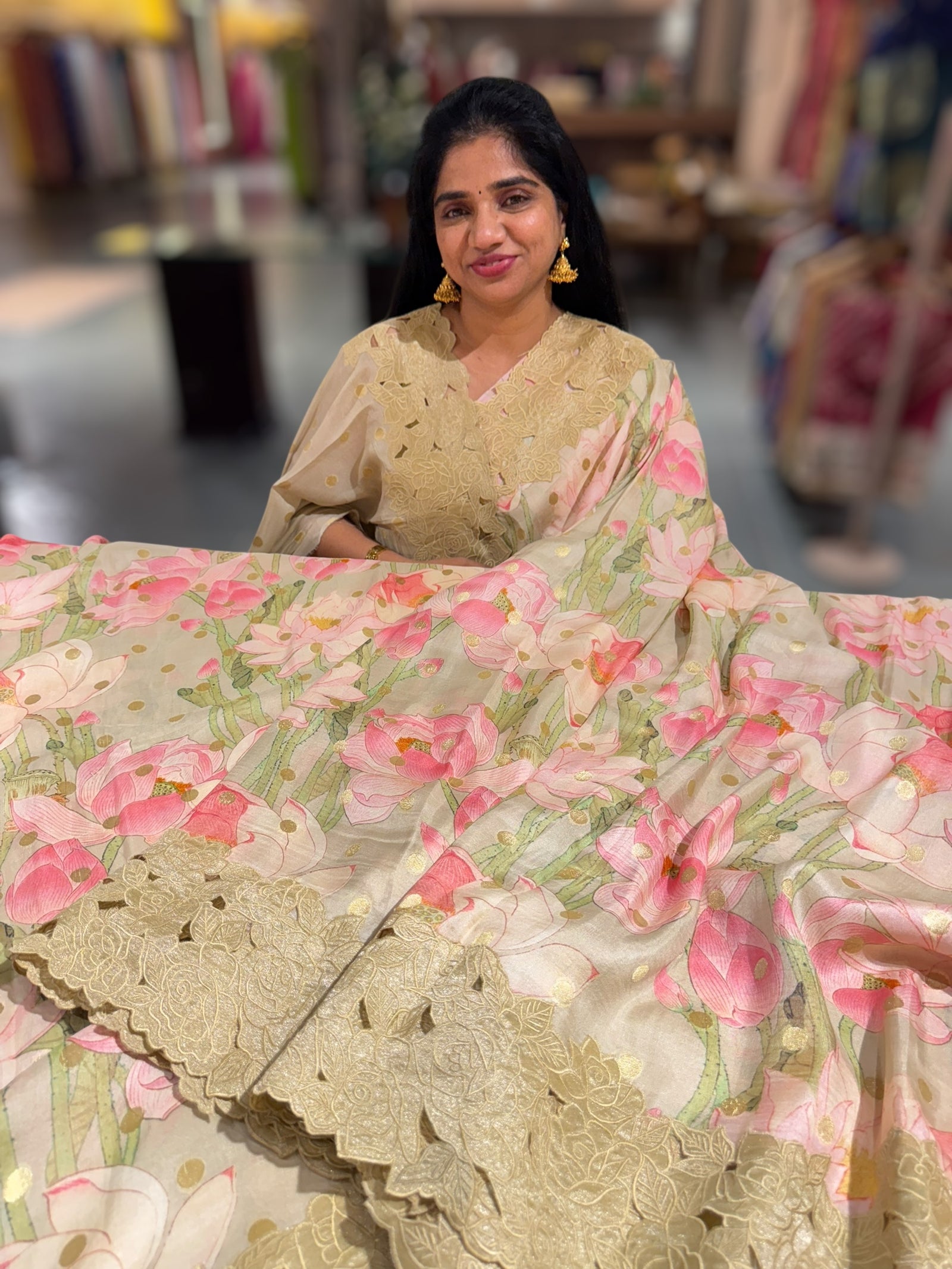 Earthy Tone Banarasi Munga Printed Tussar Khaddi With Tissue cutwork Rose Border