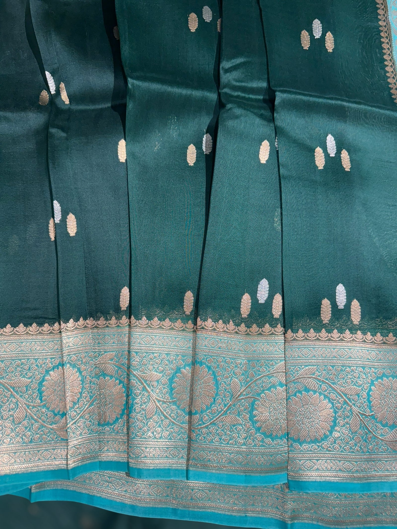 Forest Green & Teal Pure Handloom premium Kora Banarasi Saree