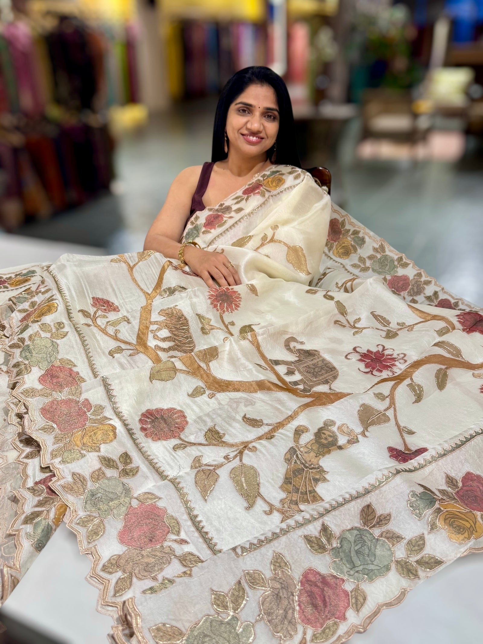 Ivory Pure Organza Applique Work Saree