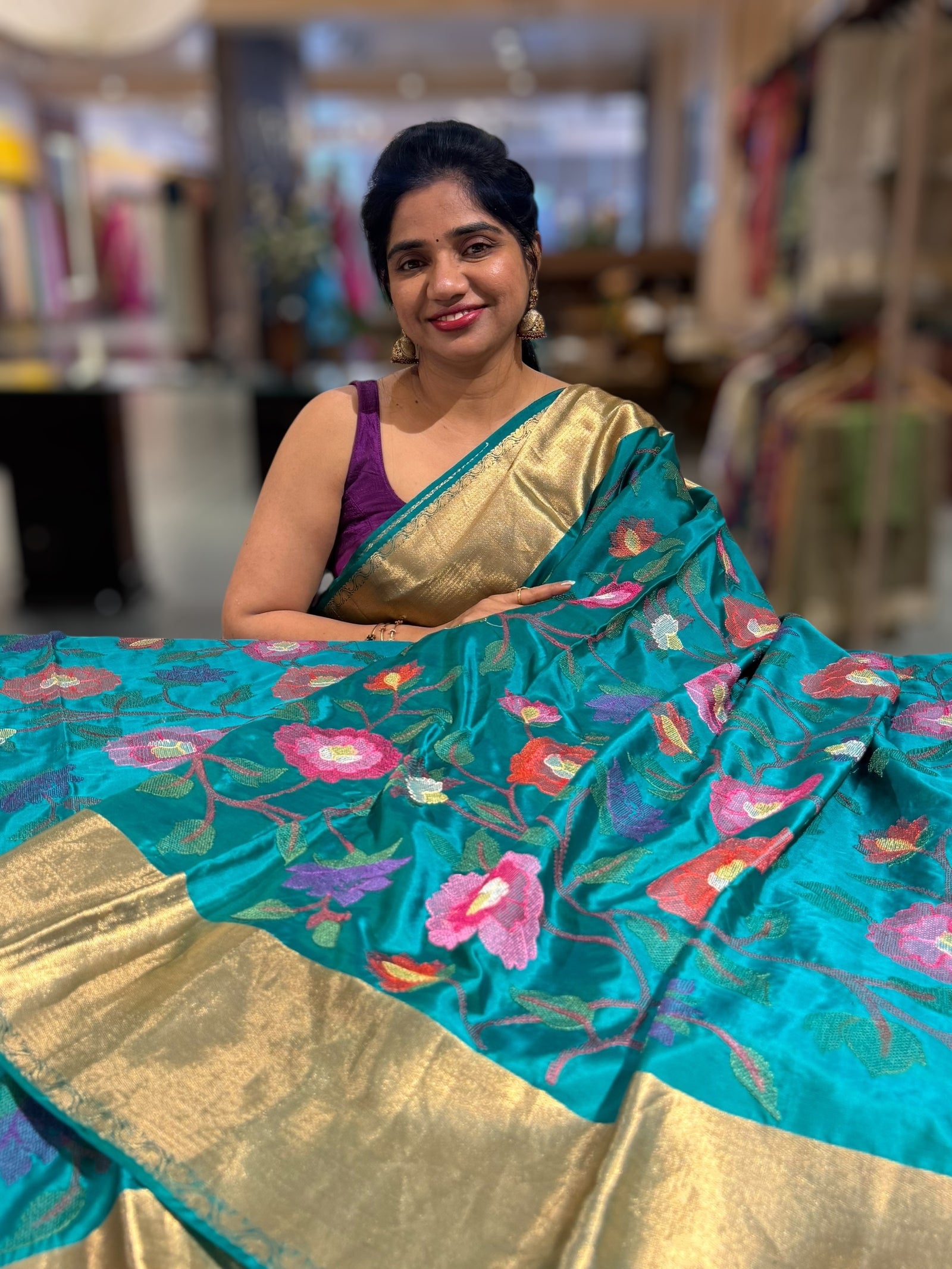 Peacock Green Kanchi Soft Silk Saree with allover jamdani inspired embroidery