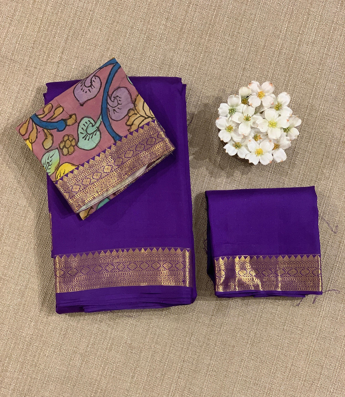 Brinjal vintage Kanchipuram silk saree with pen kalamkari blouse