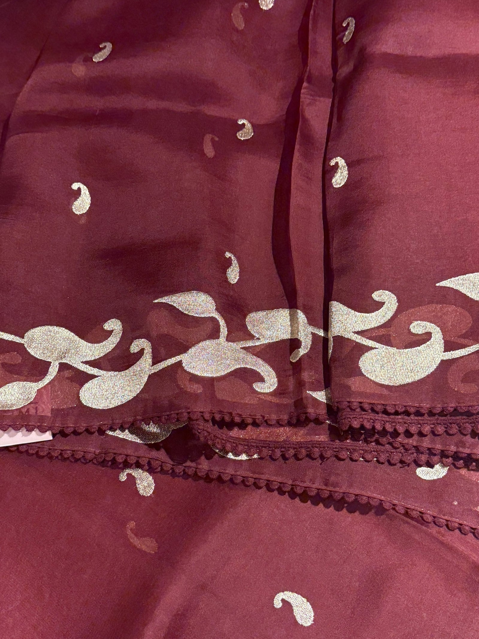 Meroonish Brown Organza Saree with stunning zari embroidered mango border and heavy designer pallu