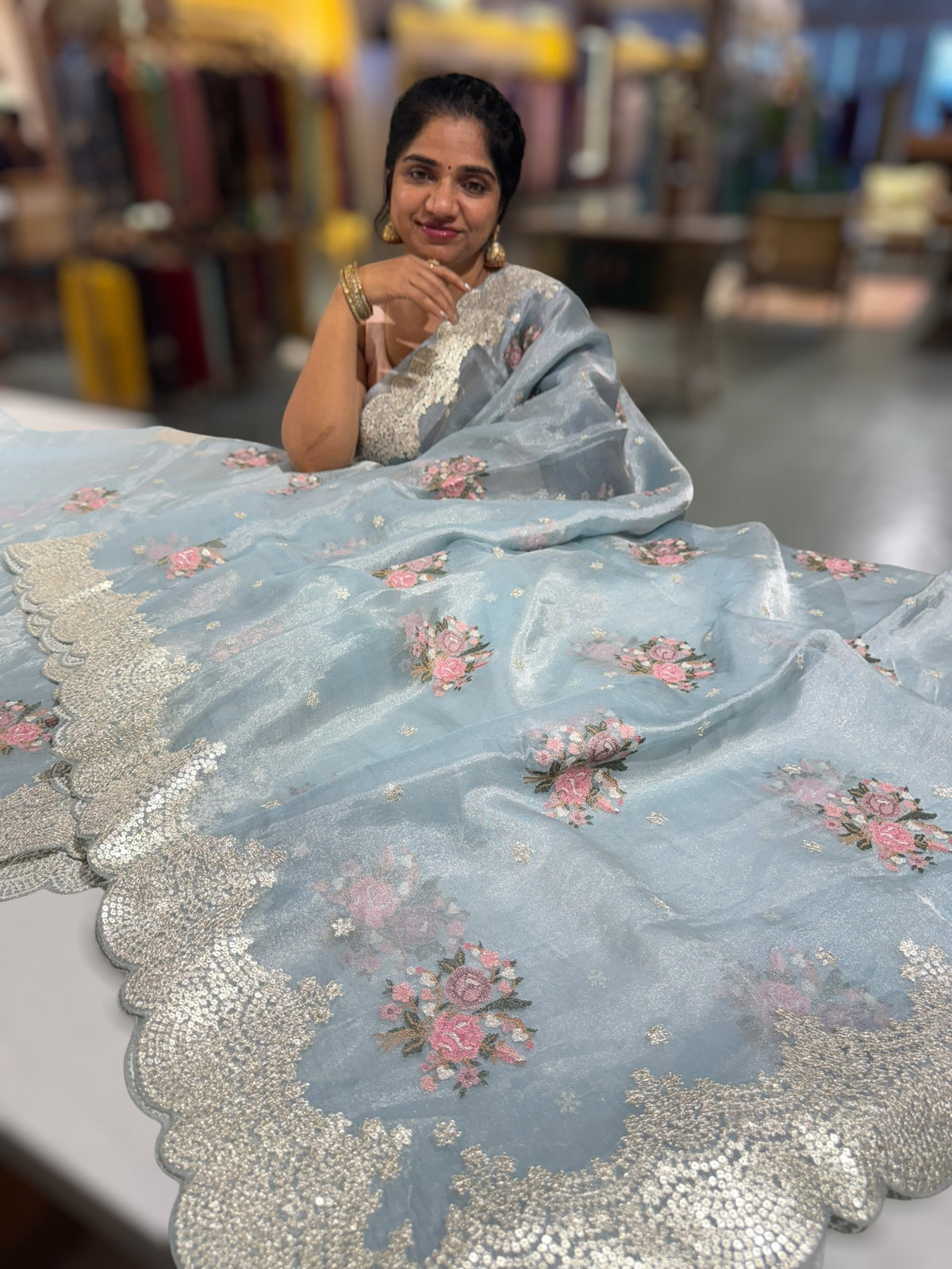 Pastel Blue Tissue Saree With allover Petite Point Motifs & Pittai Sequence Borders