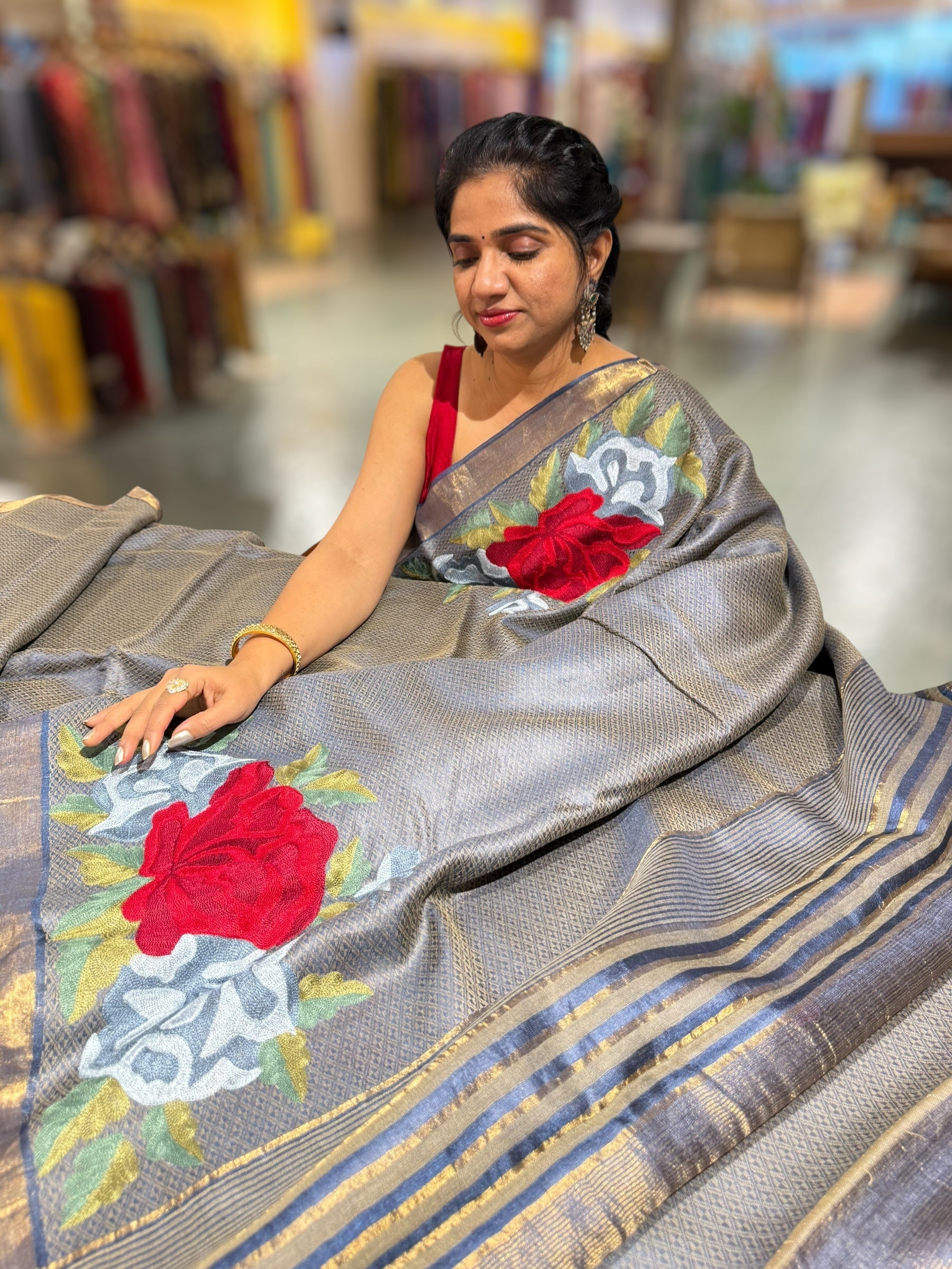 Navy Tussar Brocade Saree With Statement Red Rose Embroidery.
