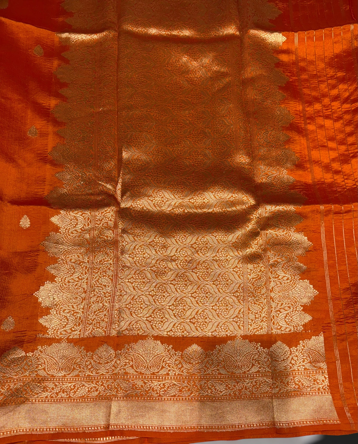 Orange Poona Silk Saree with double Borders