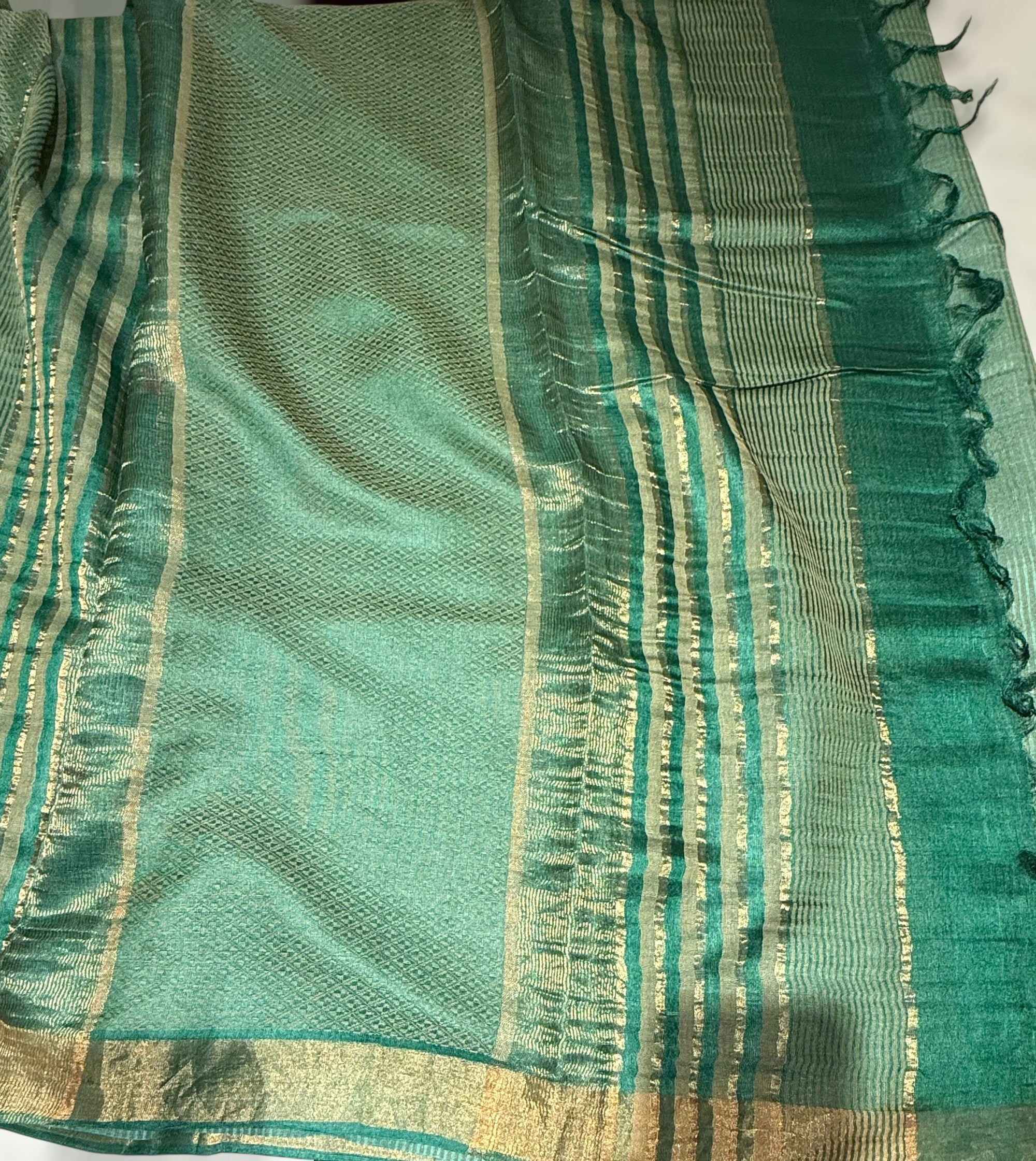 Emerald Green Tussar Brocade Saree With Statement Red Rose Embroidery.