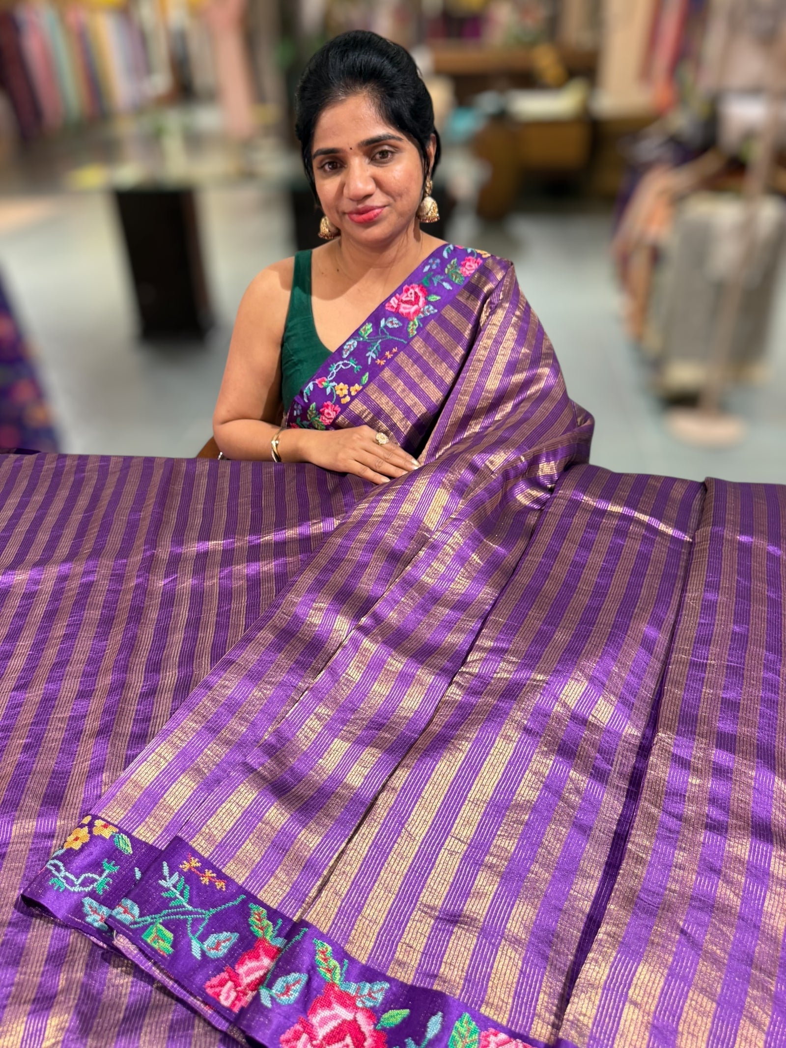 Brinjal Banarasi Tissue stripes Saree with petite point embroidery