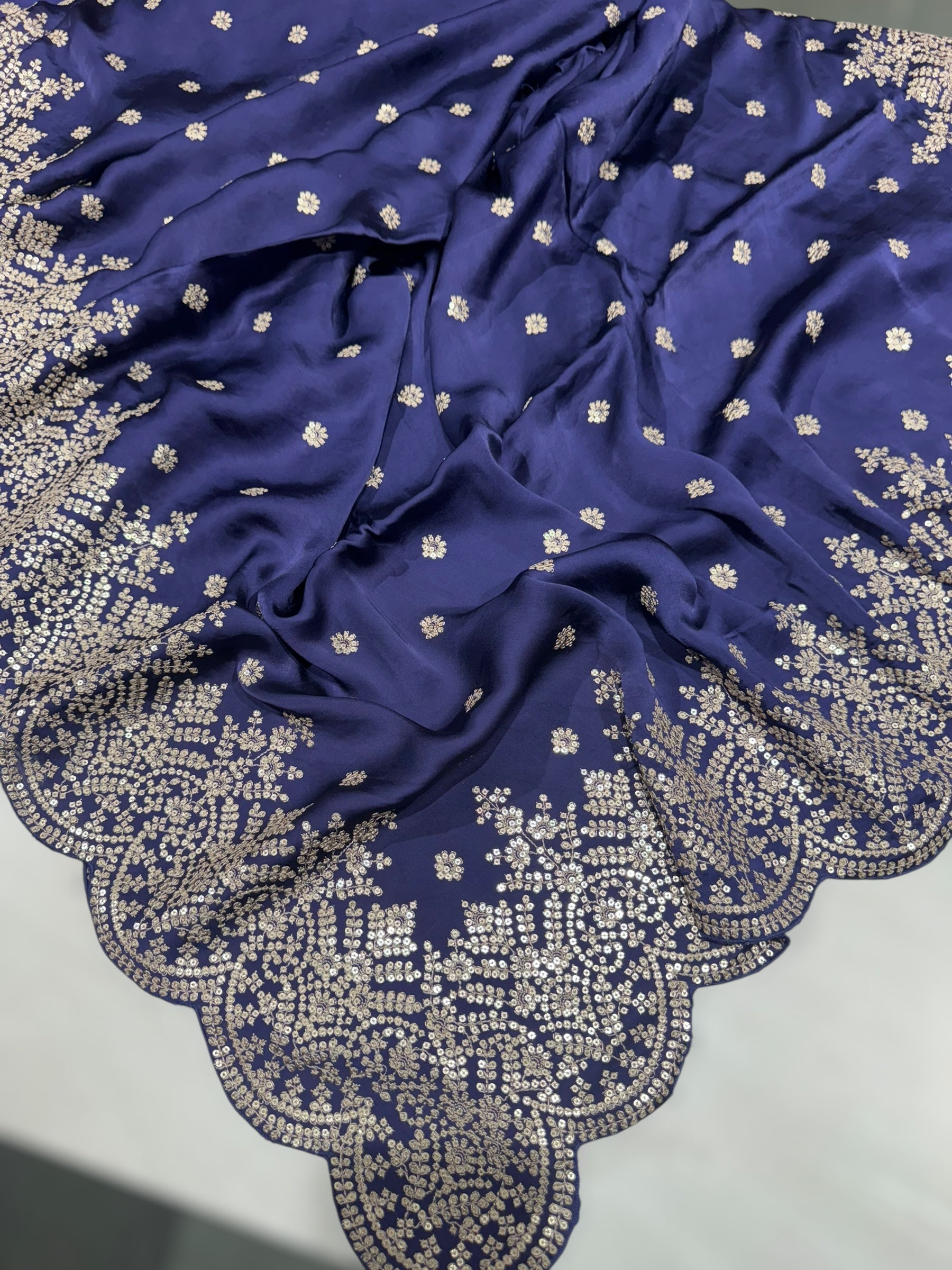 Purplish Blue Satin Saree with heavy sequnce embroidered scallop Border