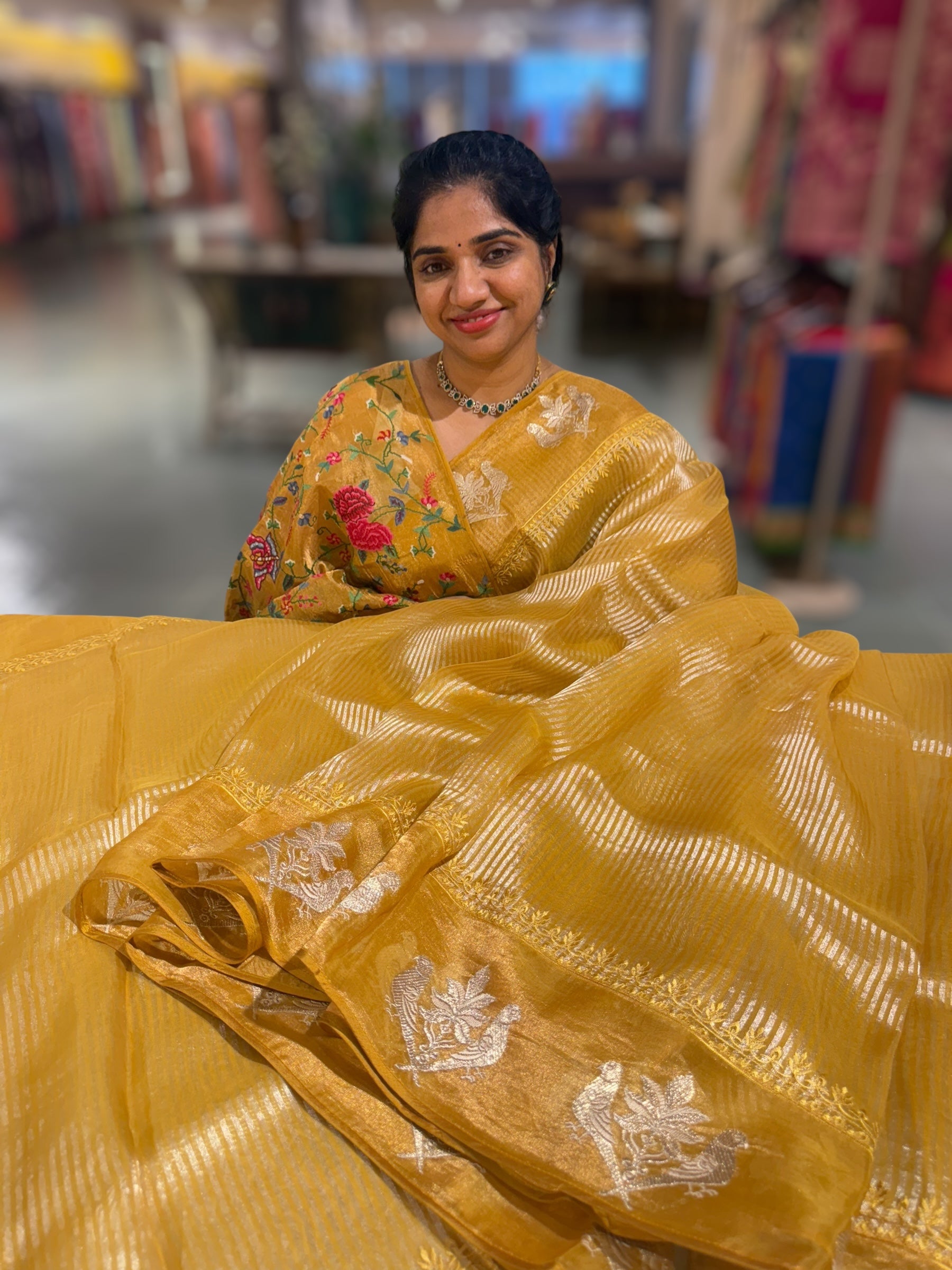 Mustard Kora tissue silver stripes Saree with double parrot  embroidered tissue border