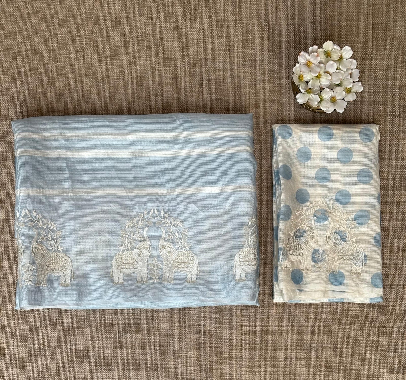 Dusty Blue Designer Silk kota saree with elephant embroidered border