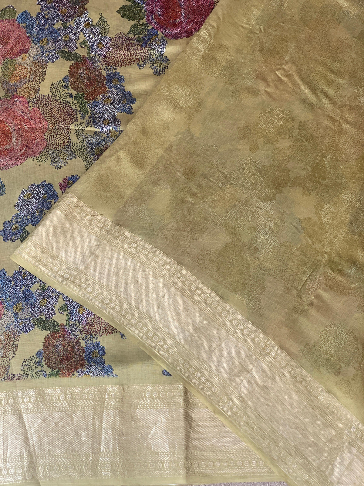 Pista Green Pure Handloom Chiniya Silk Saree with stunning Floral Print and zari borders