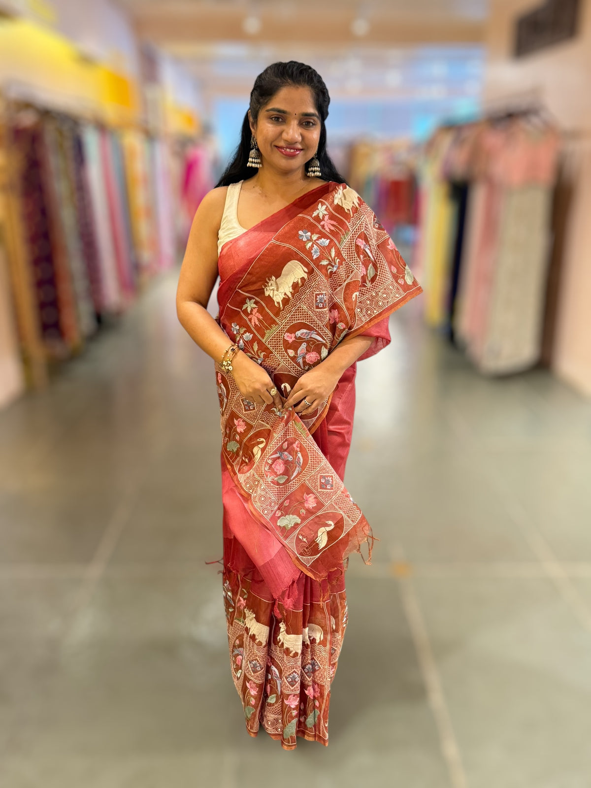 Rust Red/ Brick Red Kora-Tussar blend Handloom Saree with Tissue embroidered Skirt Border