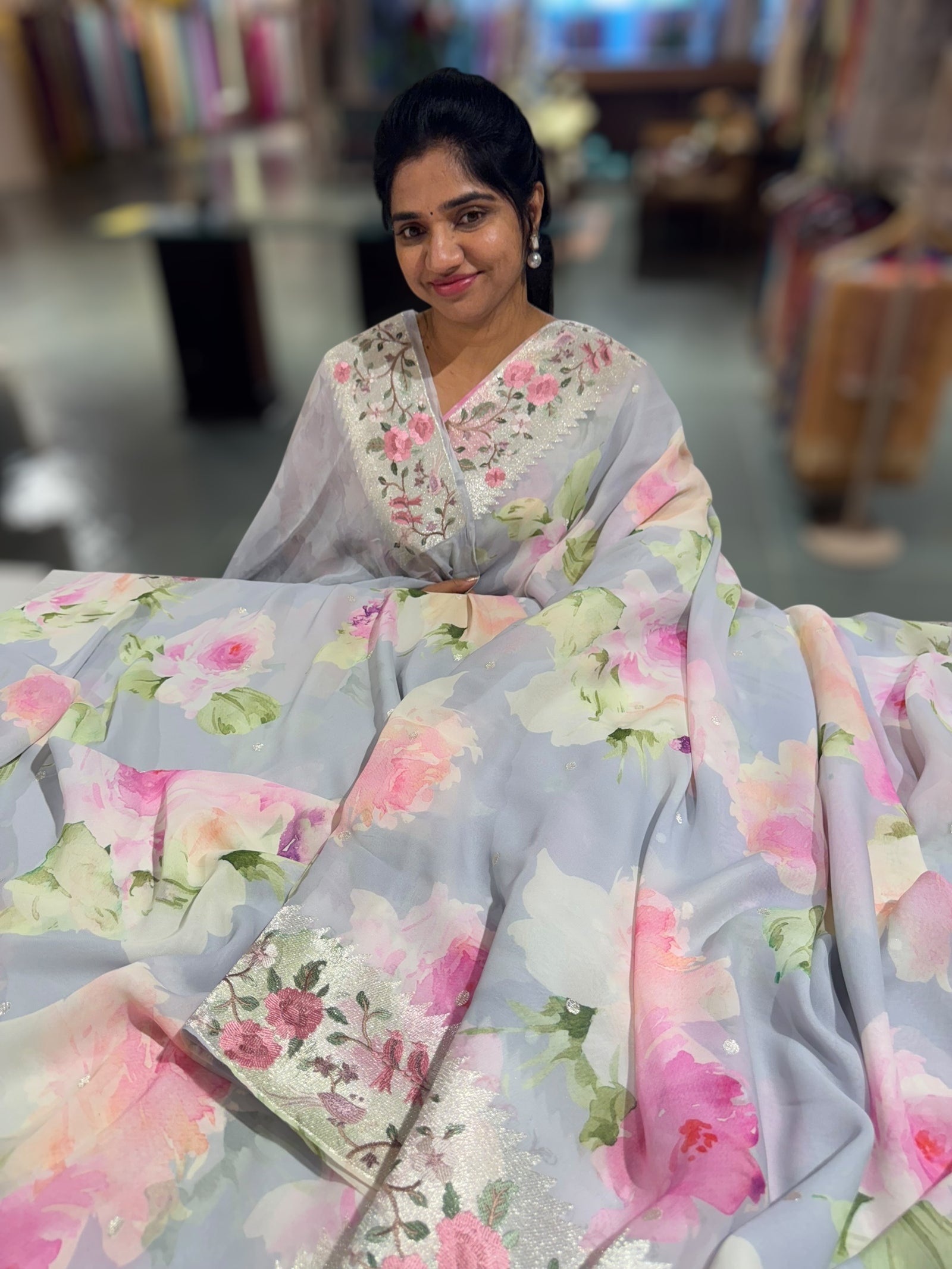 Lilac Printed georgette Saree With Tissue Embroidered Border