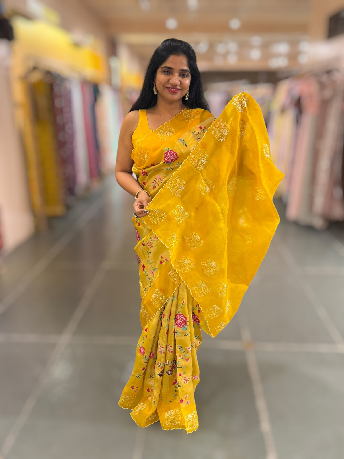 Mango Yellow Premium Handloom Designer Tissue saree with exquisite embroidery