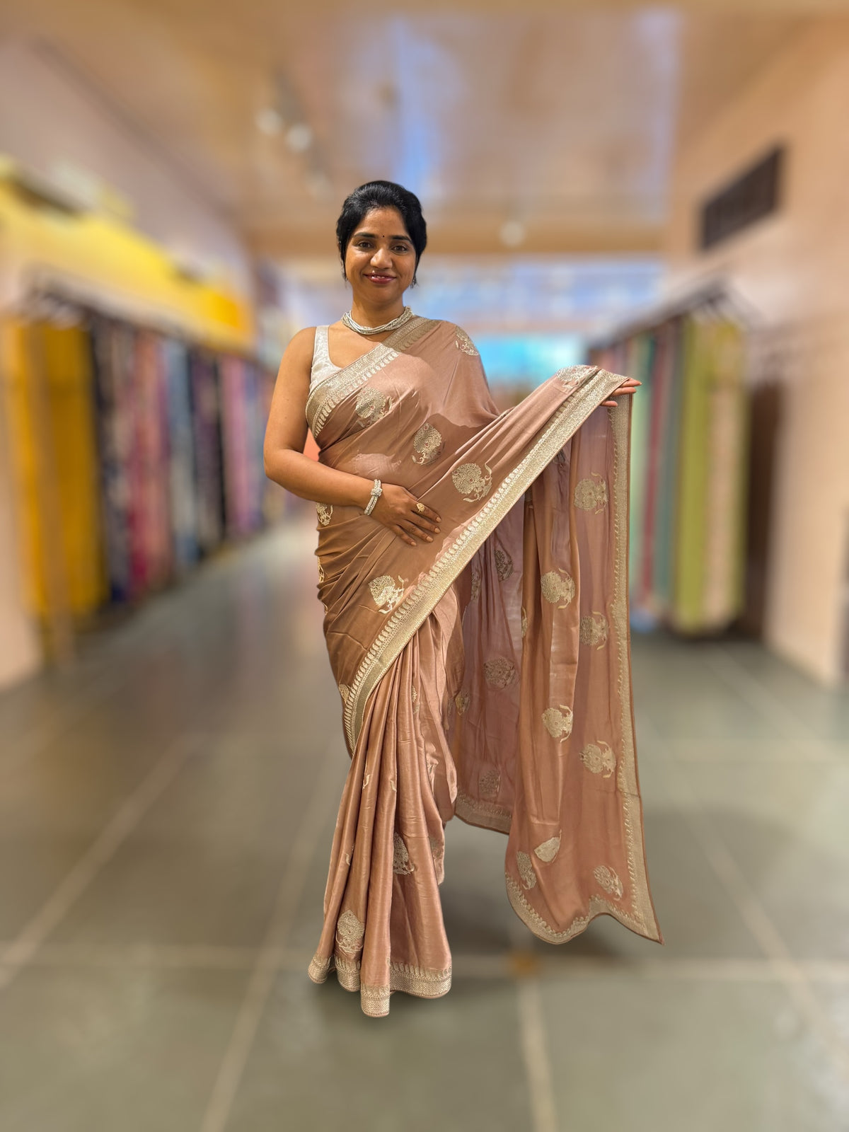 Light Brown Satin Saree with Embroidery.