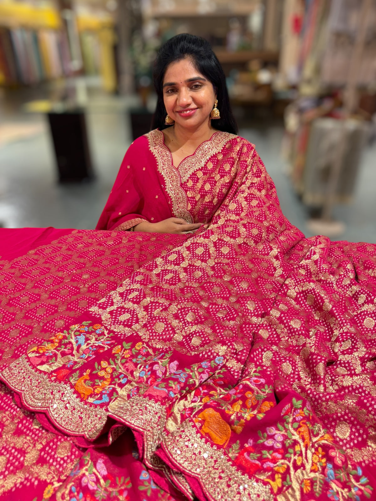 Reddish pink  Bandhini Georgette Saree with sabya style scallop border