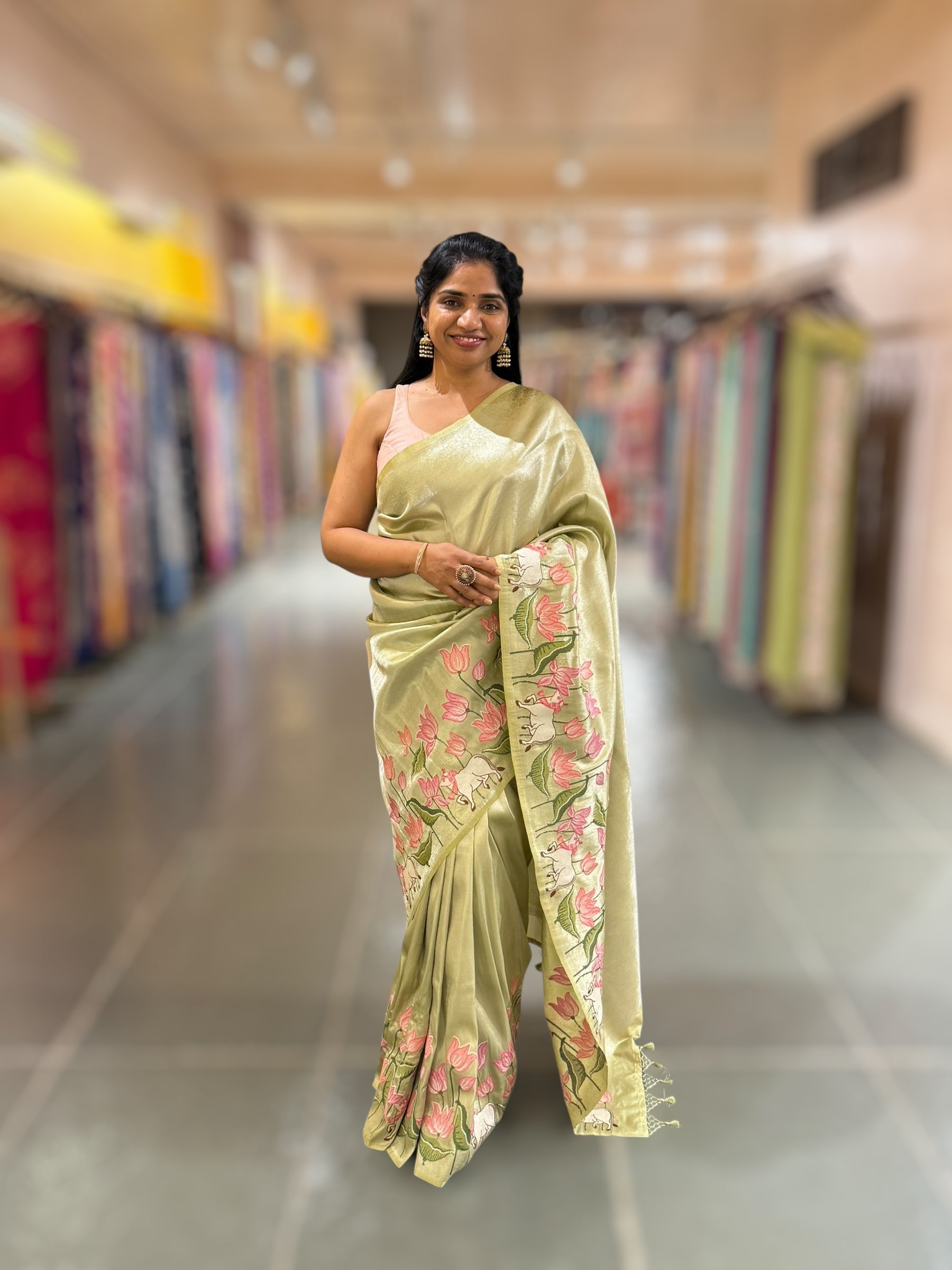 Pista Banarasi Brocade Saree with Pichwai Embroidered Skirt Border.