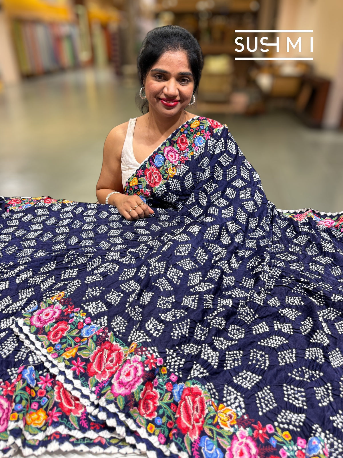 Midnight Blue Pure Gajji Silk Rai bandhej Saree with petite point embroidery : SM078