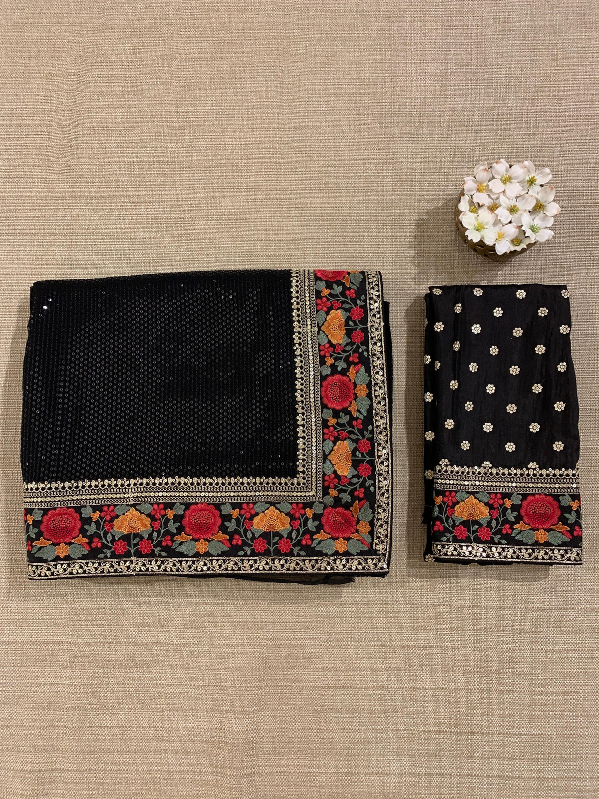 Black Georgette sequnce Saree with Sabyasachi borders and Blouse