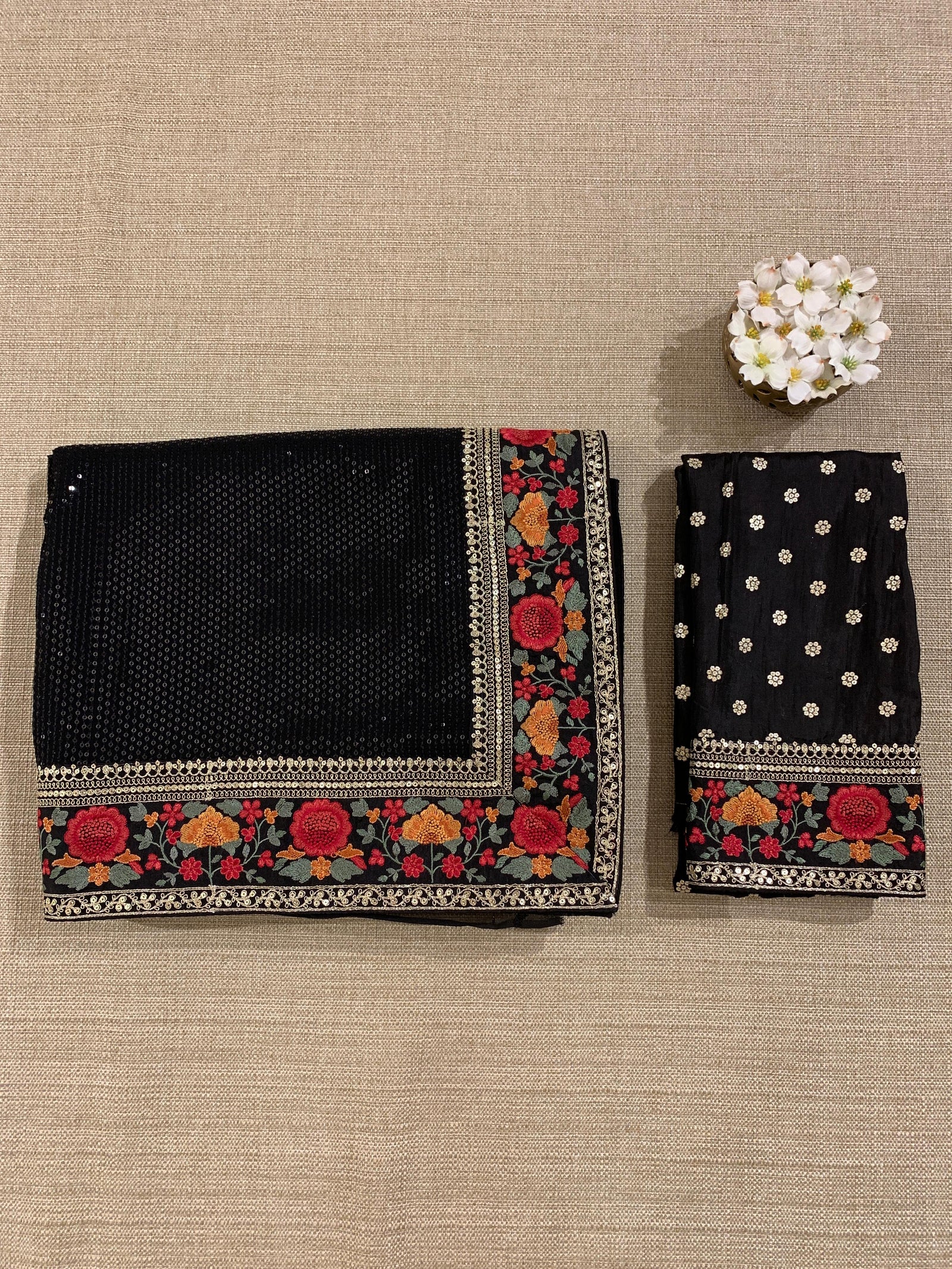 Black Georgette sequnce Saree with Sabyasachi borders and Blouse