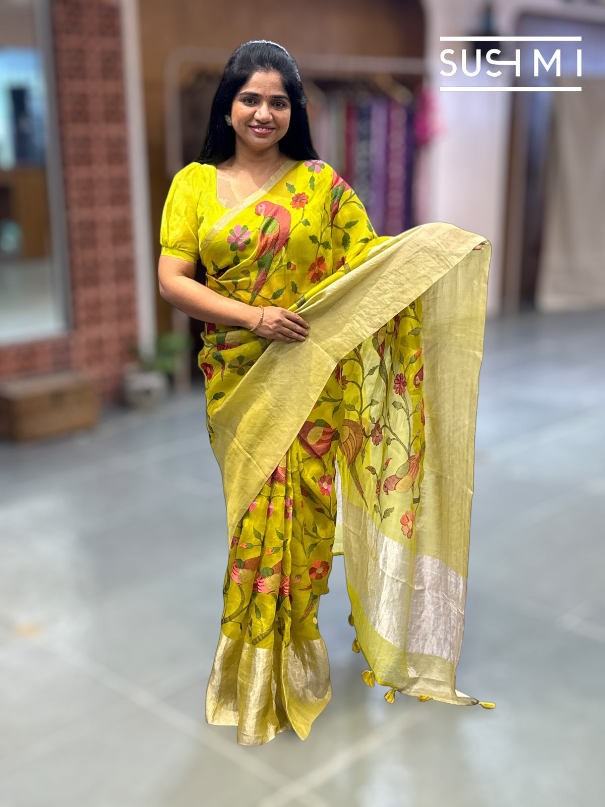 Lime Green Organza Saree with embroidery