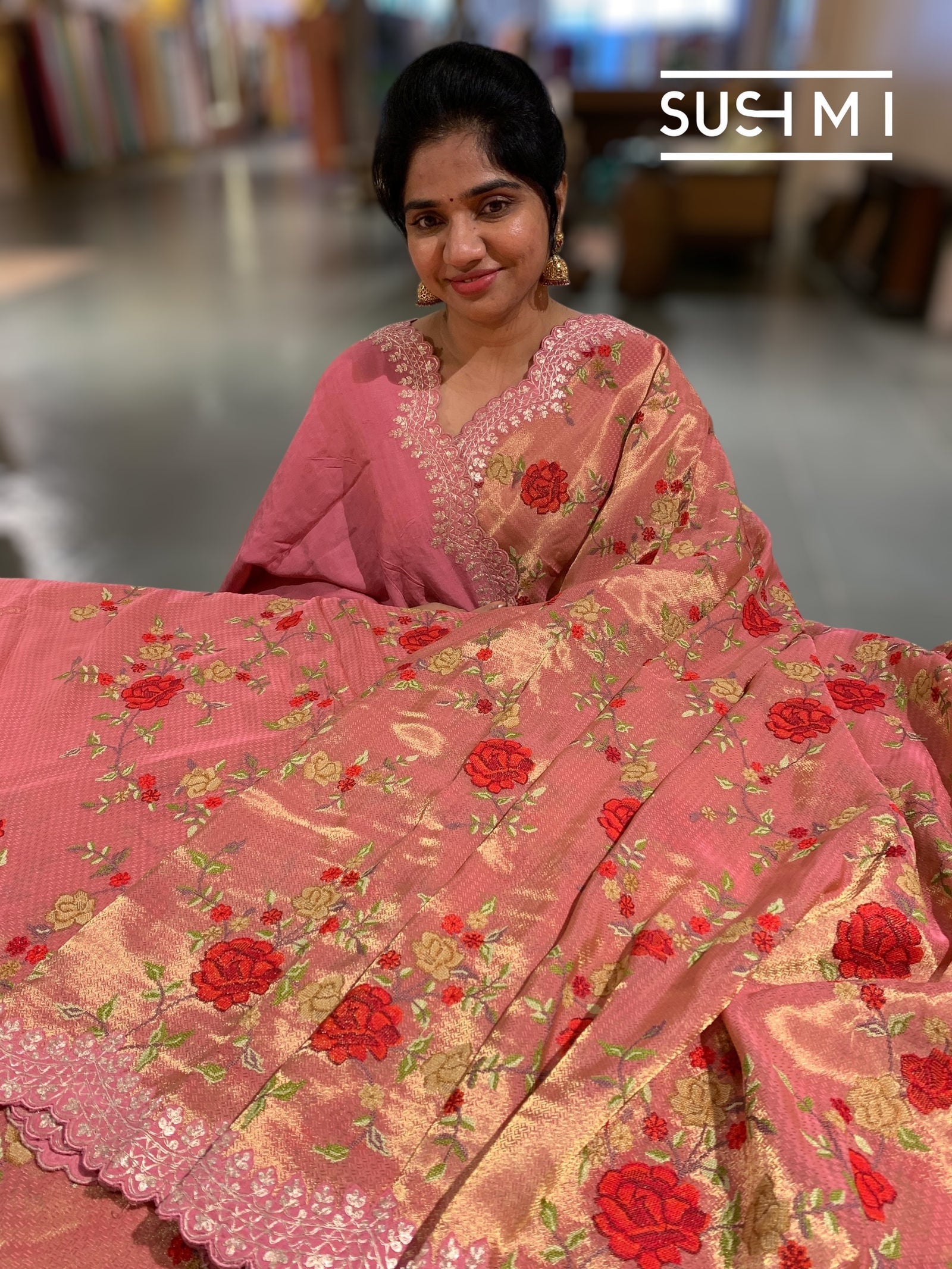 Peach Pink Designer Banarasi Brocade Tissue Saree S62113