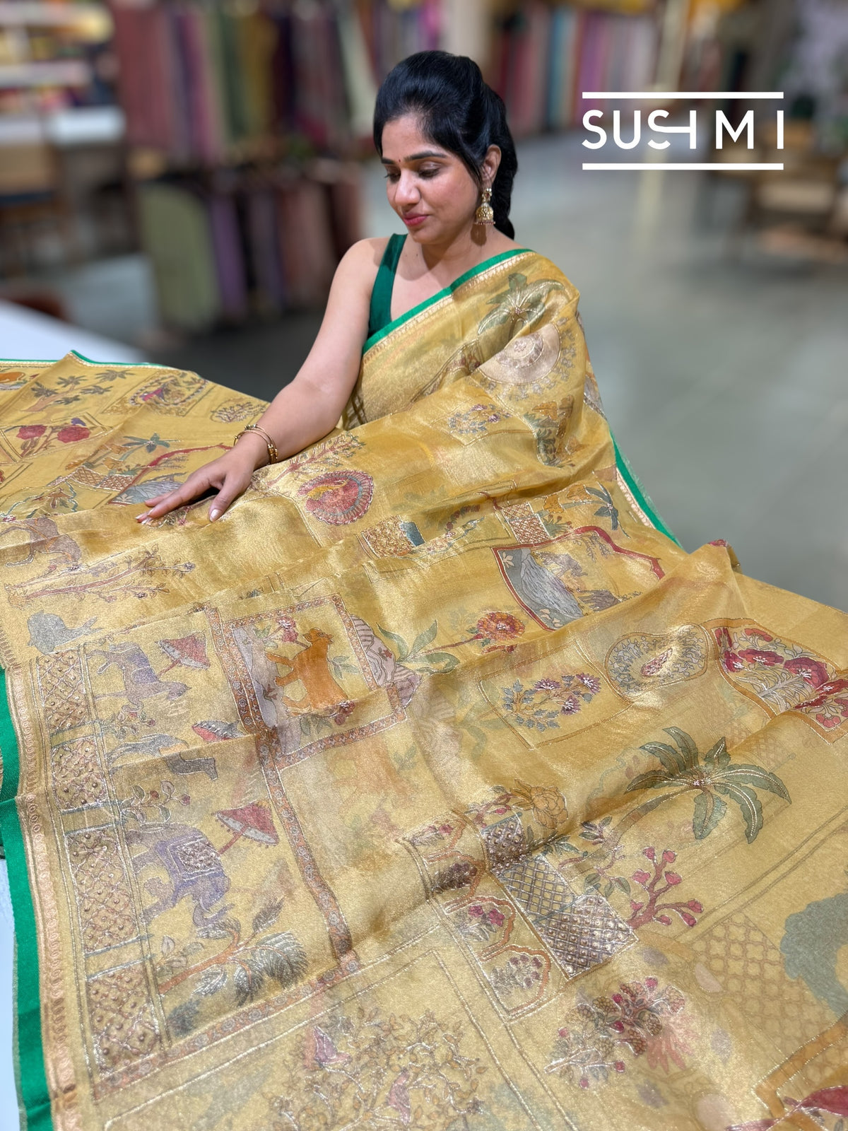Golden Yellow Banarasi printed Tissue saree with handwork D62F056