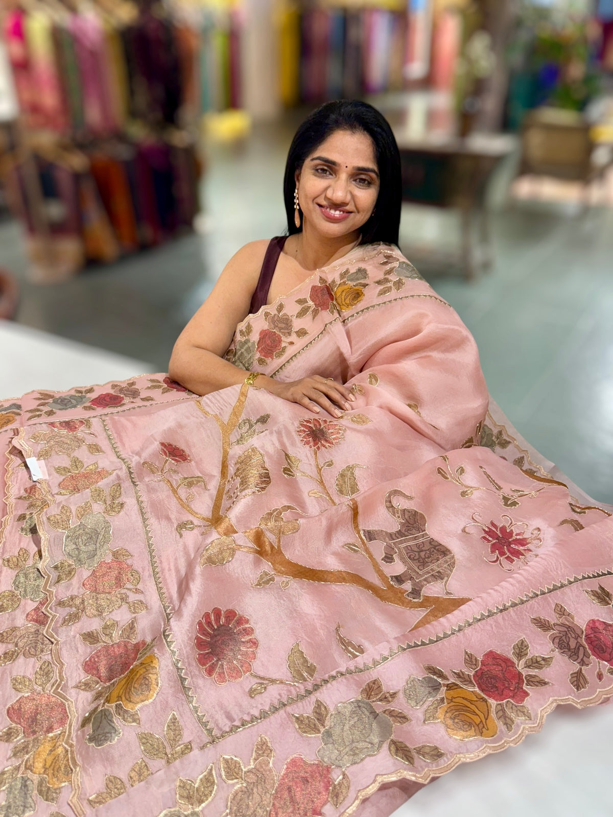 Nude Pink Pure Organza Applique Work Saree