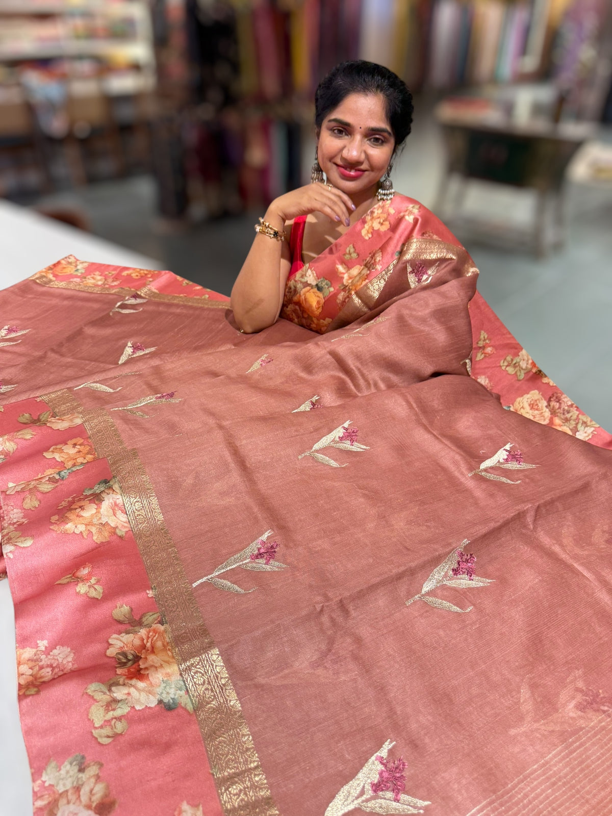 Dark Onion Pink Tussar Dhupion Saree with Floral printed mashru borders