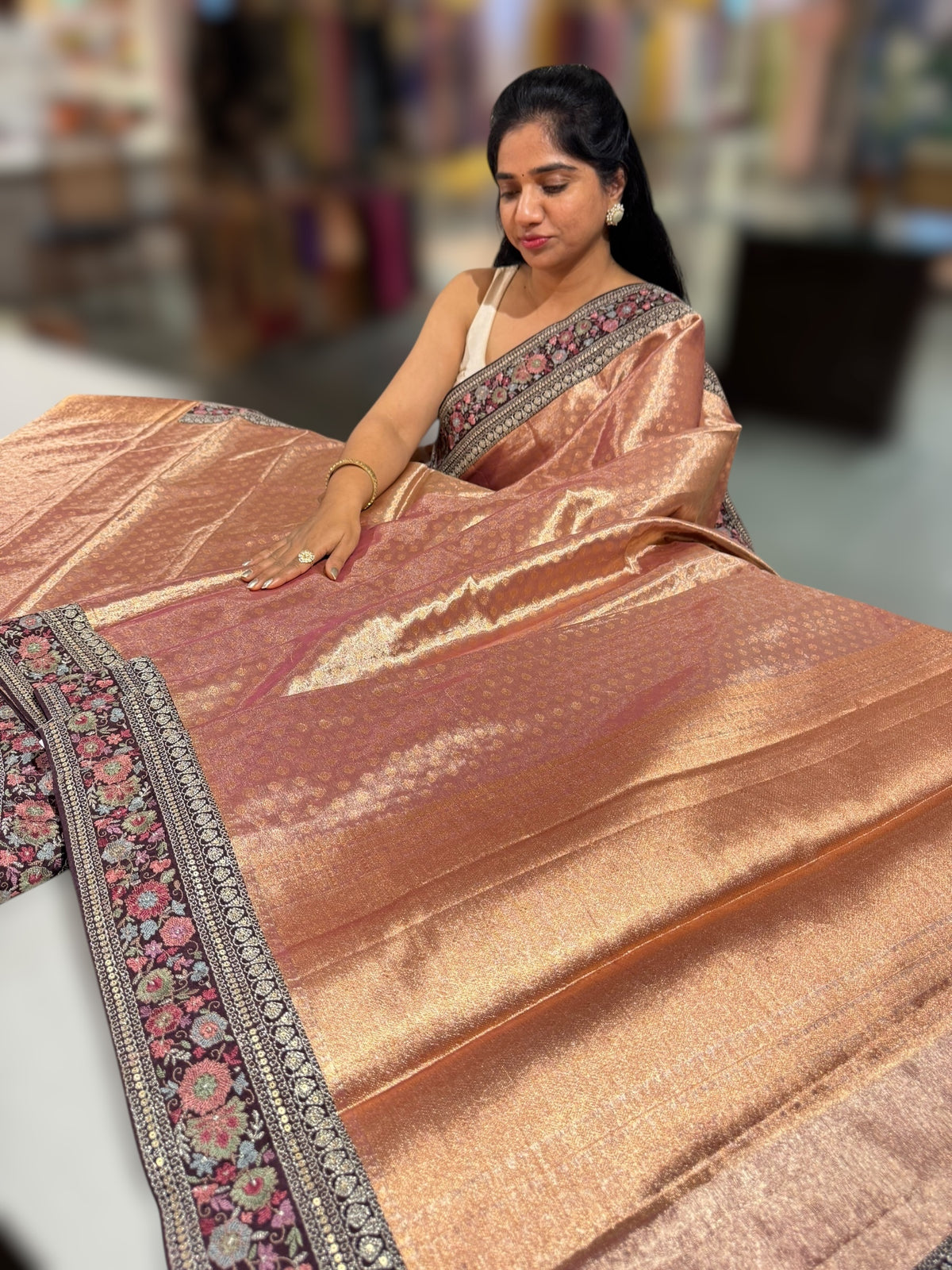 Copper Banarasi brocade tissue saree with sabhya borders