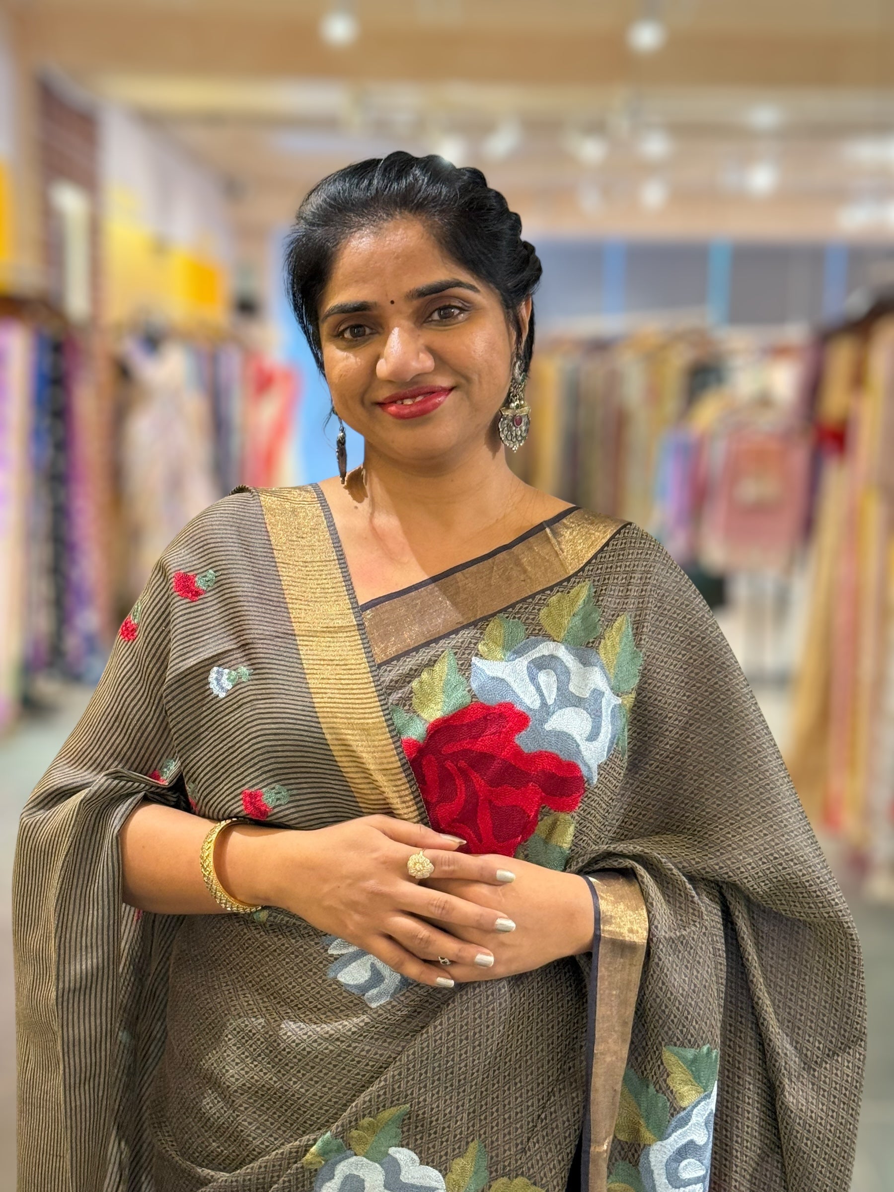 Elephant Grey Tussar Brocade Saree With Statement Red Rose Embroidery.