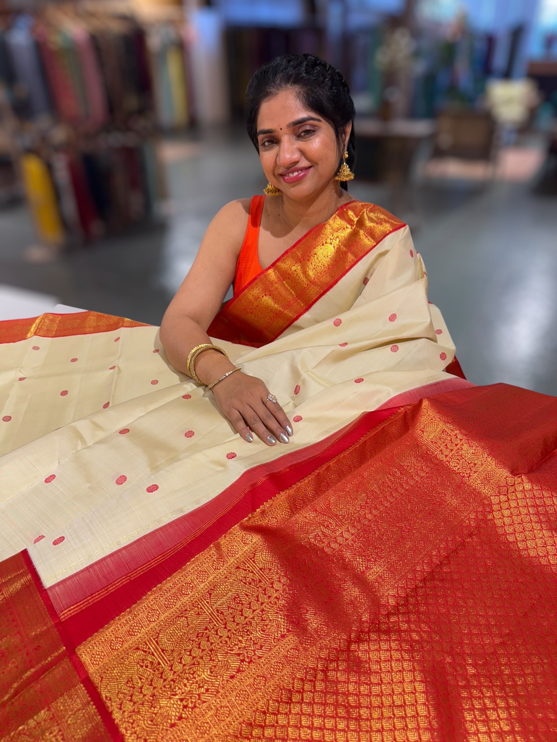 Ivory & Reddish Orange Combo Kanchi Vintage Saree