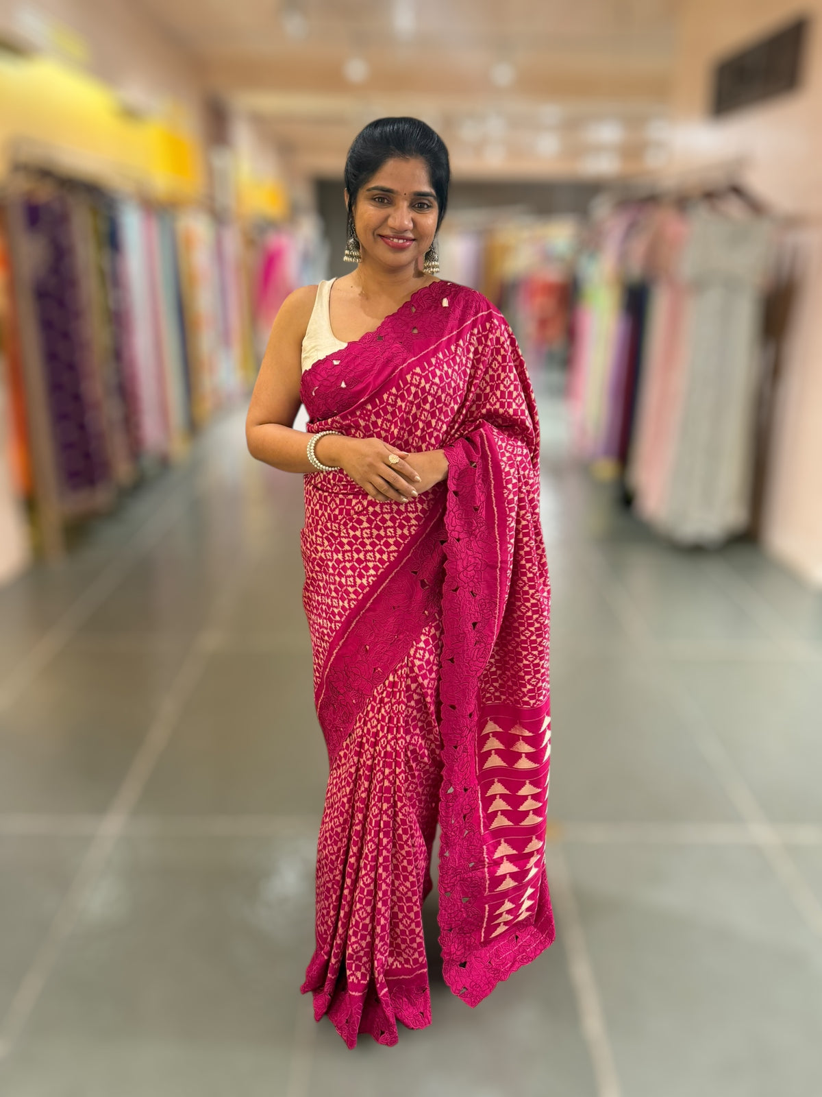 Beetroot Pink Cambodian–inspired Ikkat Silk Saree with cutwork Rose Border
