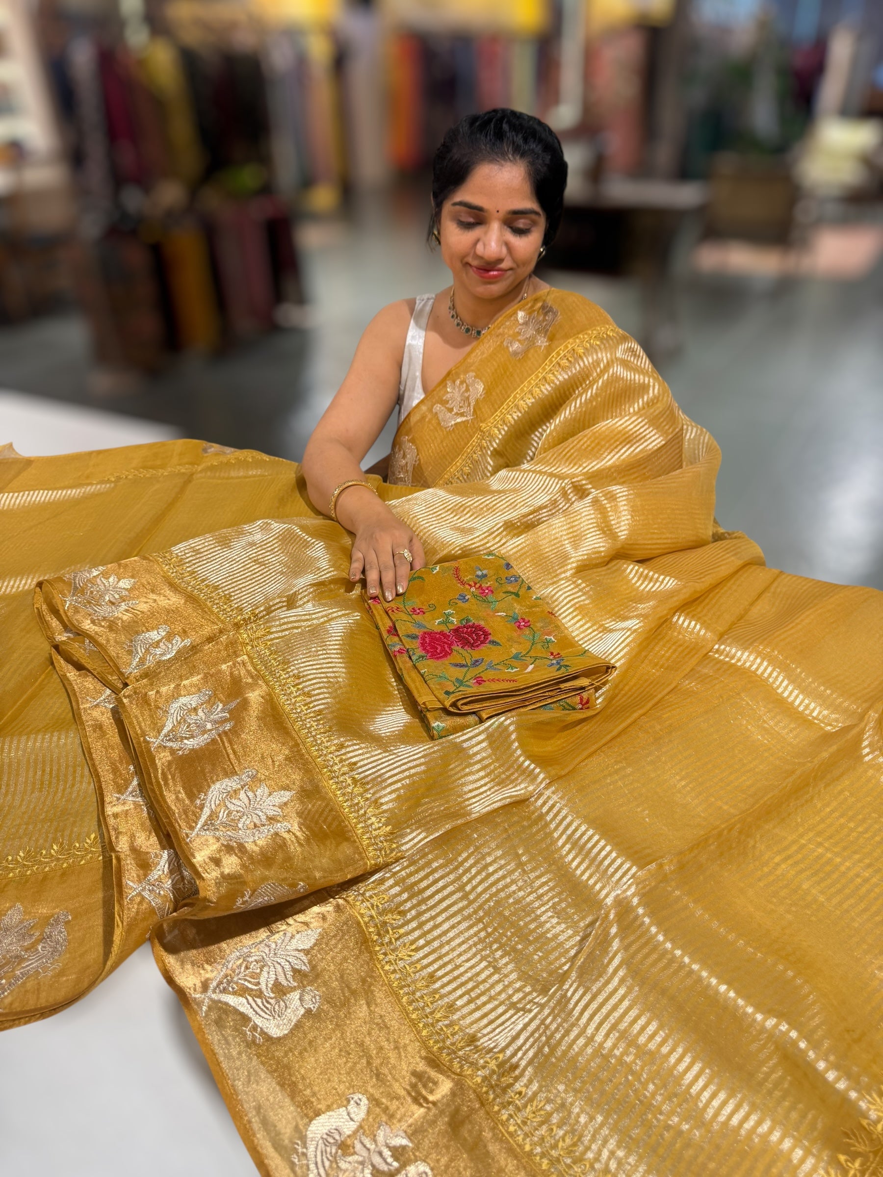 Mustard Kora tissue silver stripes Saree with double parrot  embroidered tissue border