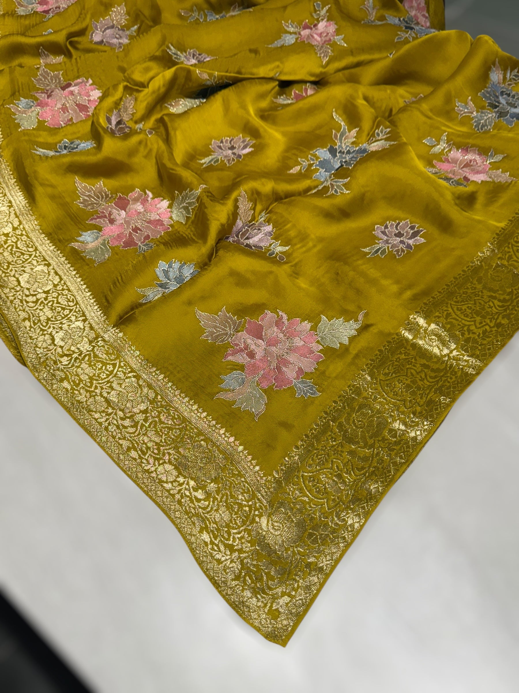 Lemon Greenish Yellow Mashru Satin Saree with Allover Floral embroidery