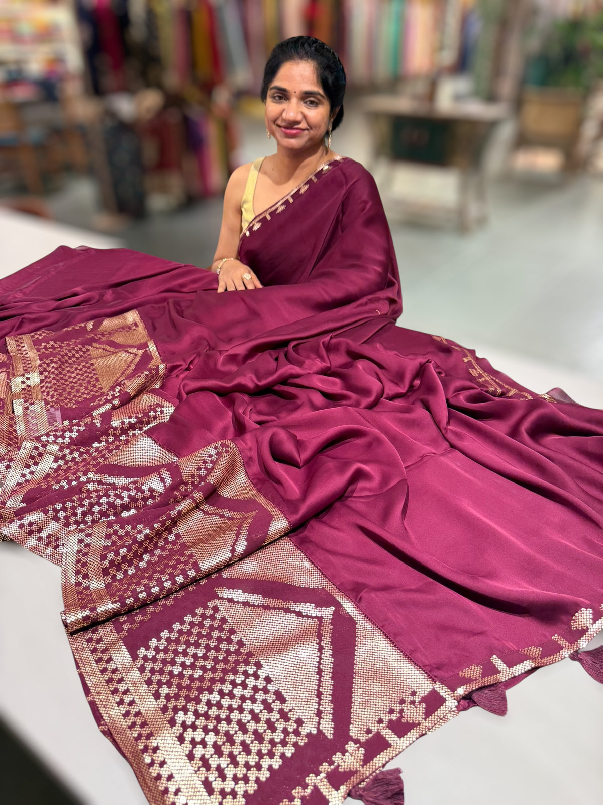 Wine pure Satin Saree with designer sequence border and blouse