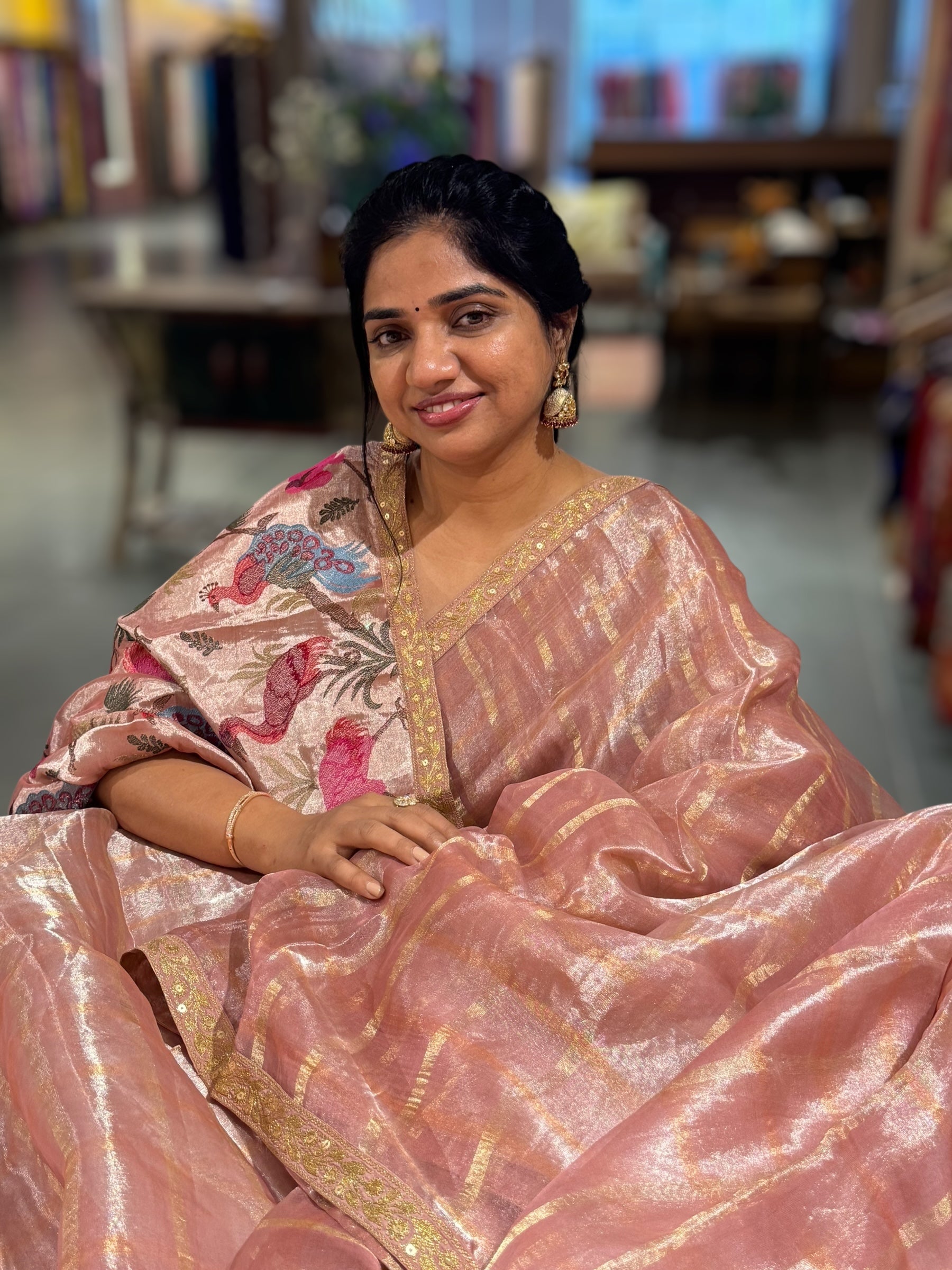 Peach Pink Banarasi Tissue checks Saree with Sabyasachi Borders
