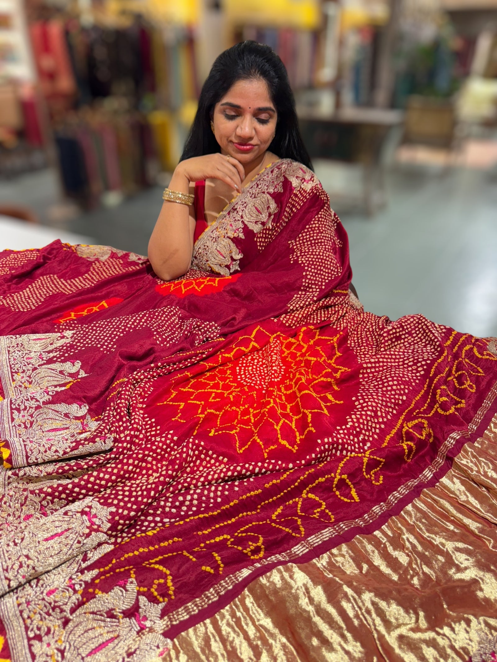 Burgundy Designer Rai Bandhej Saree With Embroidered Border