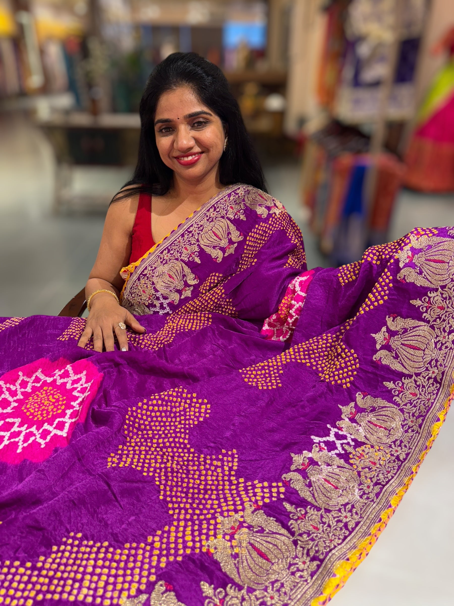 Purple Designer Rai Bandhej Saree With Embroidered Border