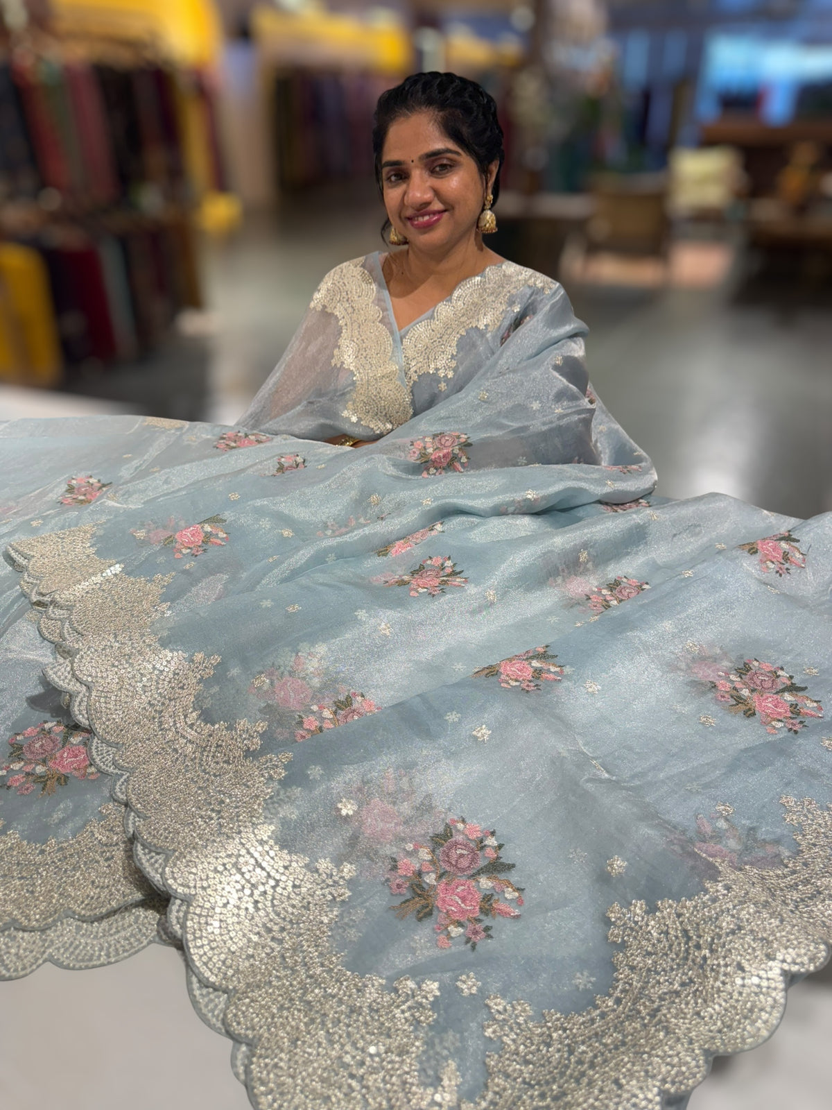 Pastel Blue Tissue Saree With allover Petite Point Motifs & Pittai Sequence Borders