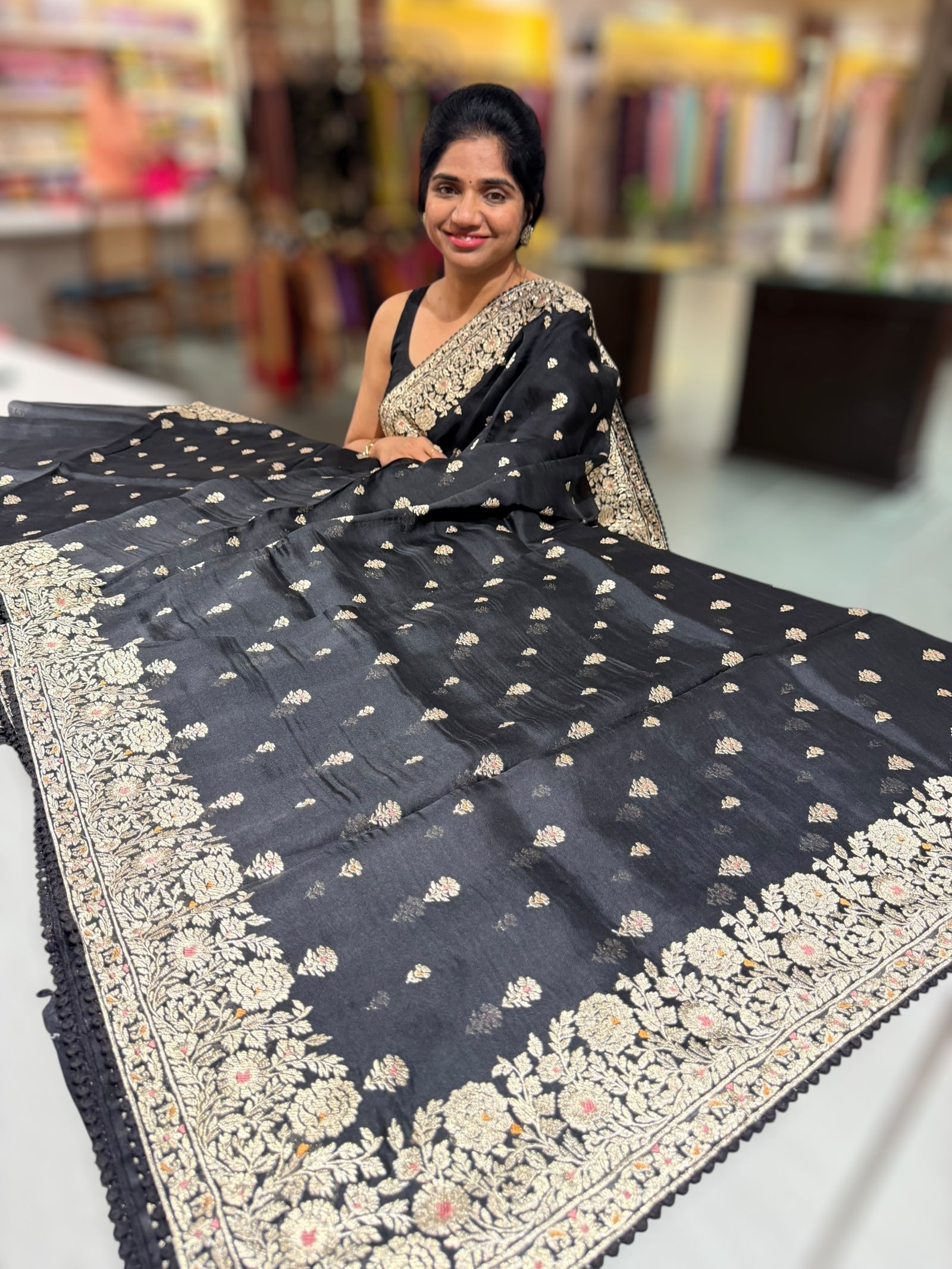 Black Organza Saree with gold zari embroidery