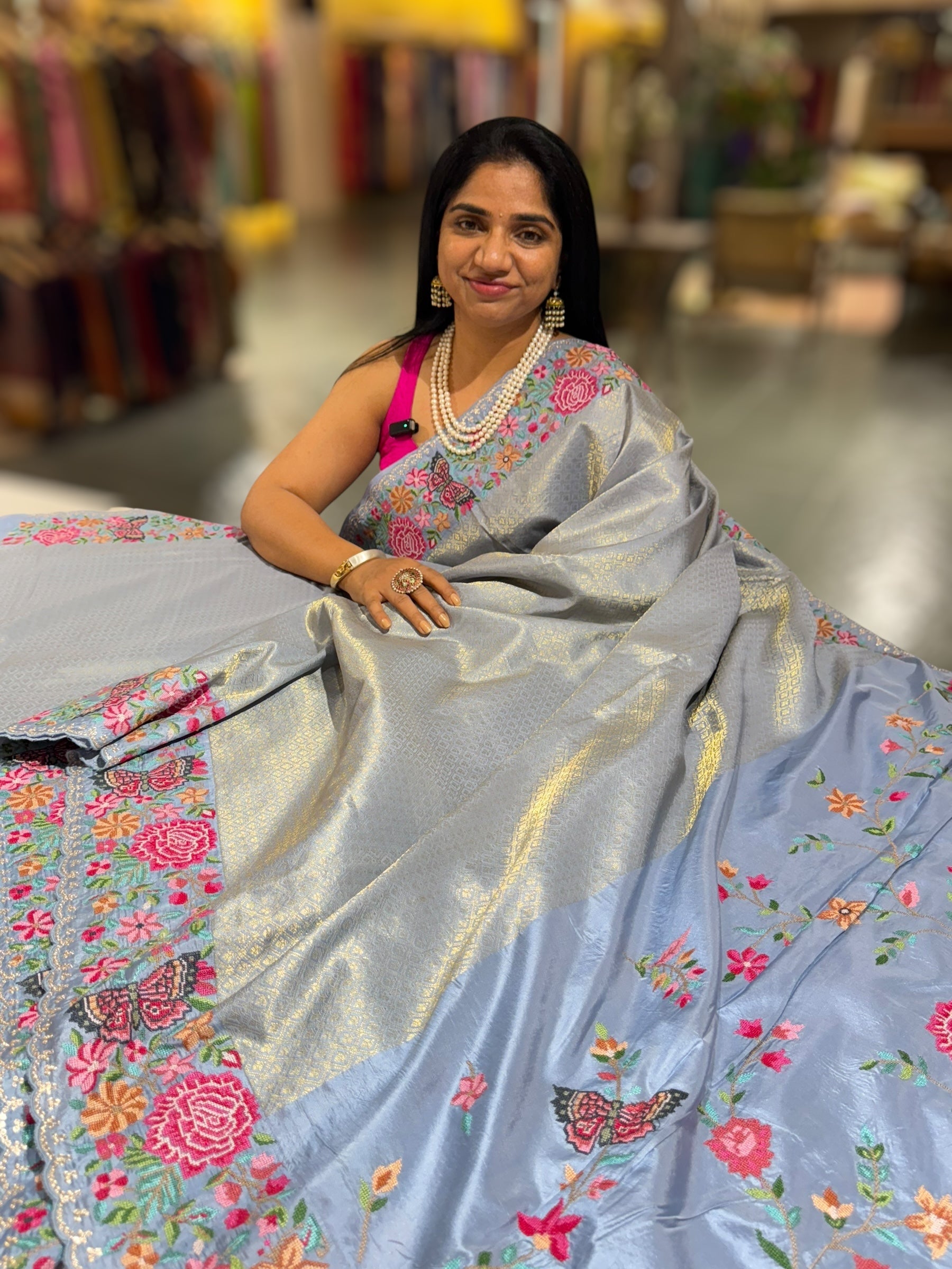 Dusty Blue Kanjeevaram Brocade Saree with Petite Point Embroidered Border
