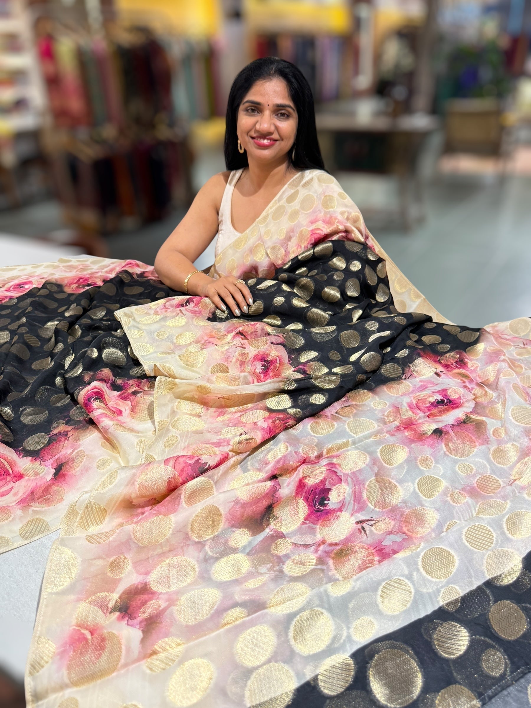 Black Banarasi Kora Gorgette Polka dot Printed Saree