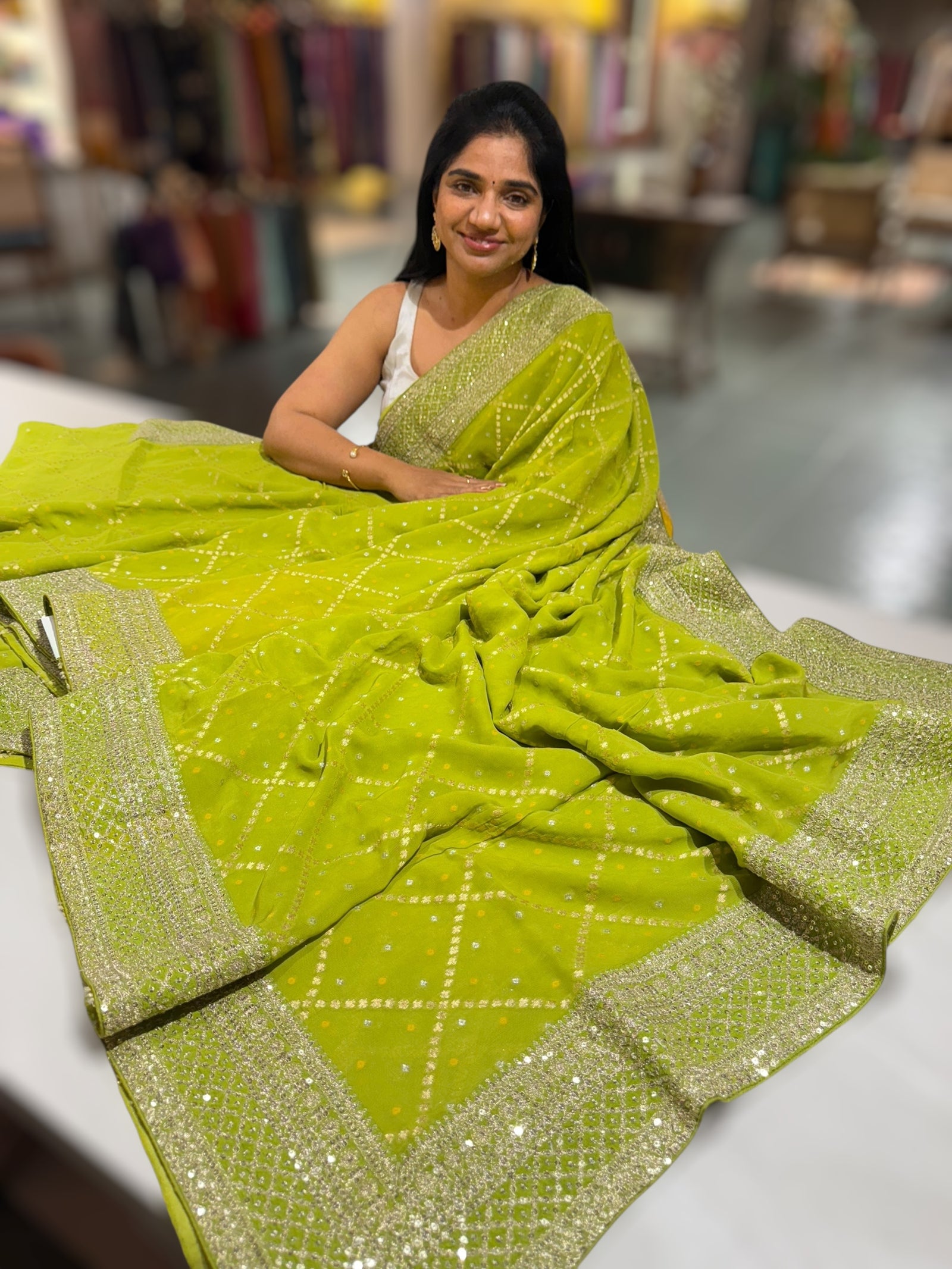 Parrot Green Fancy Banarasi Bandhini georgette saree with sabhyasachi borders and blouse