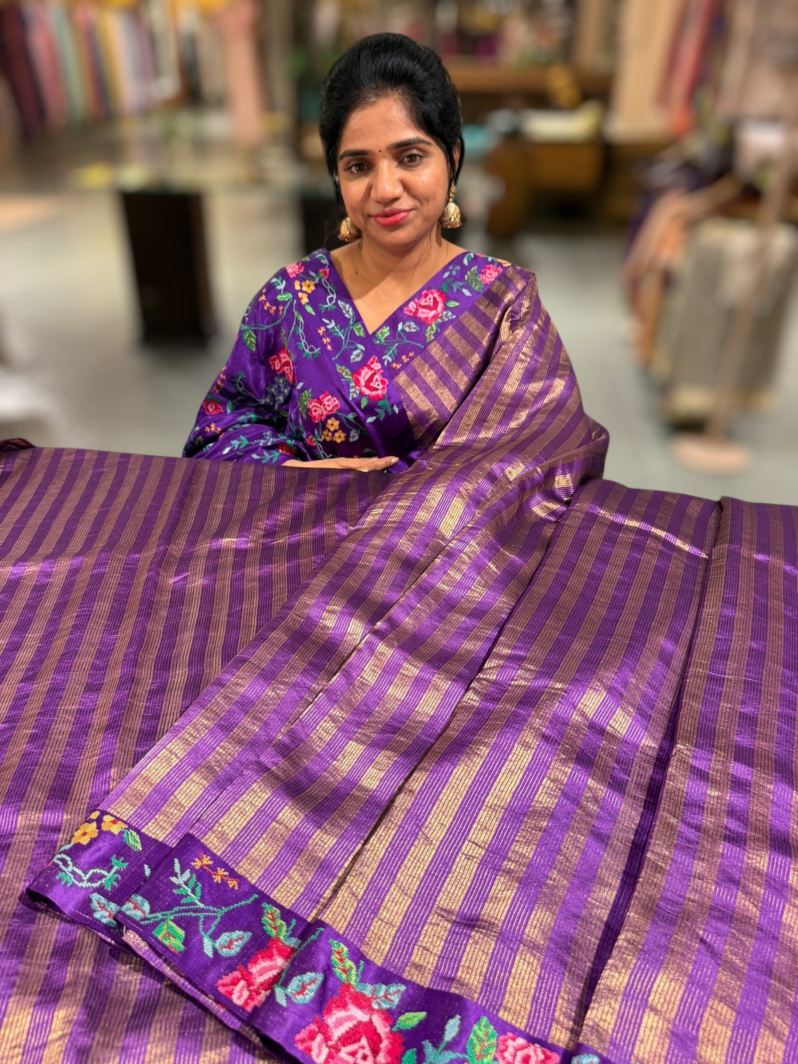 Brinjal Banarasi Tissue stripes Saree with petite point embroidery