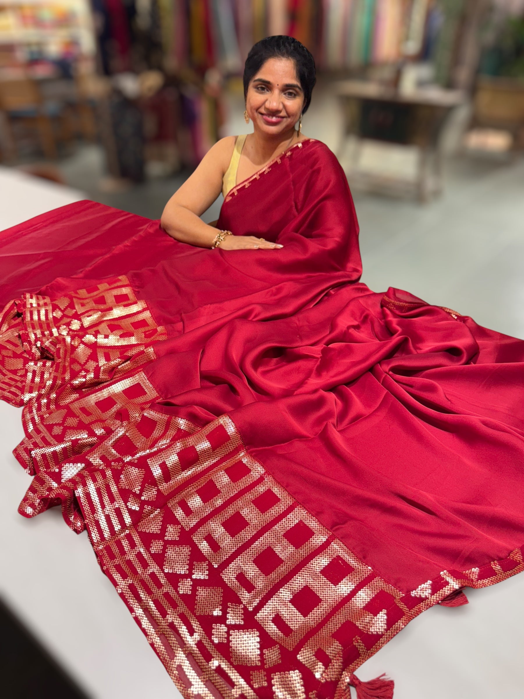 Meroonish Red pure Satin Saree with designer sequence border and blouse
