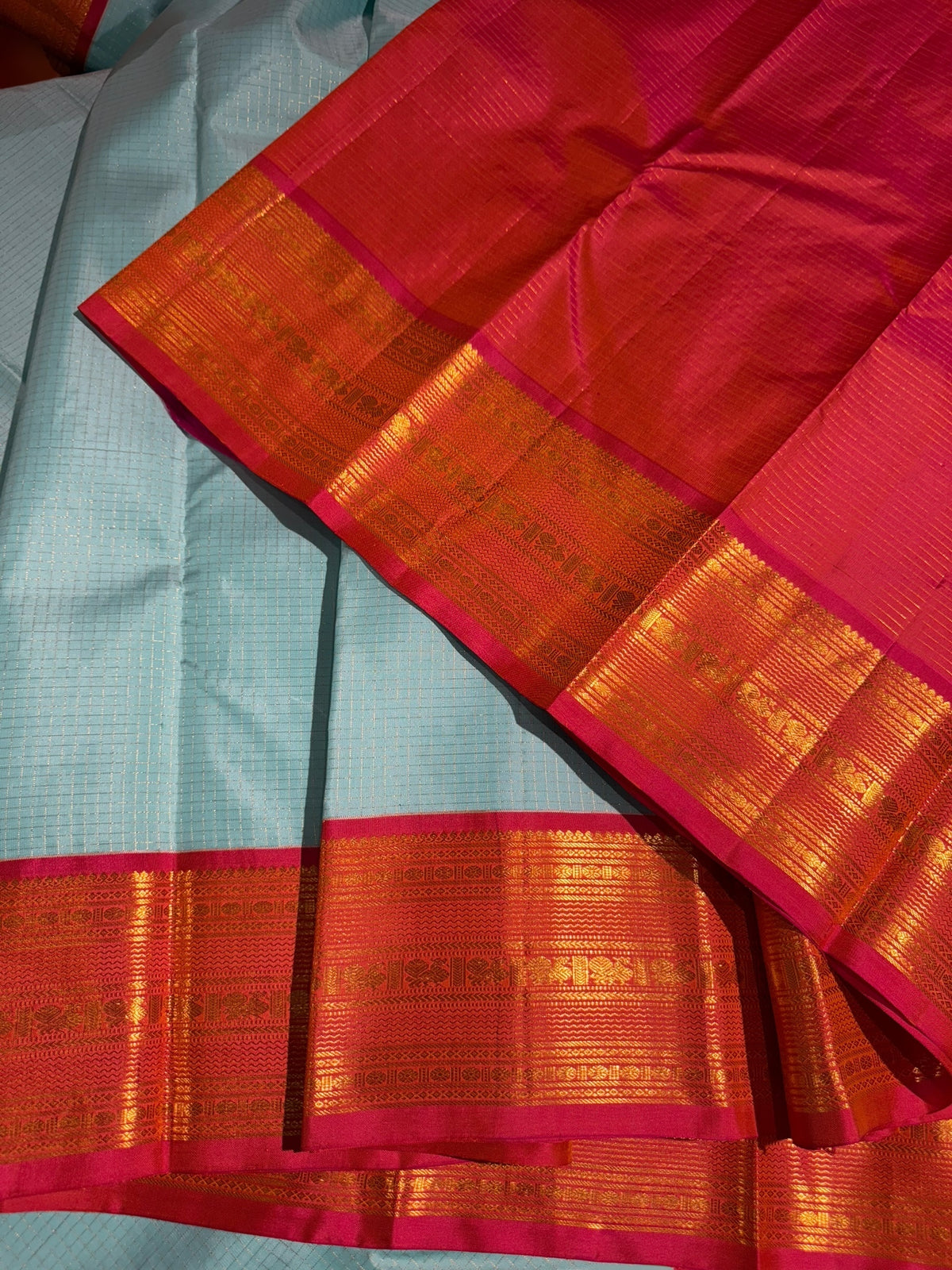 Sea Blue & Orangish pink combo  Vintage checks Kanjeevaram Saree