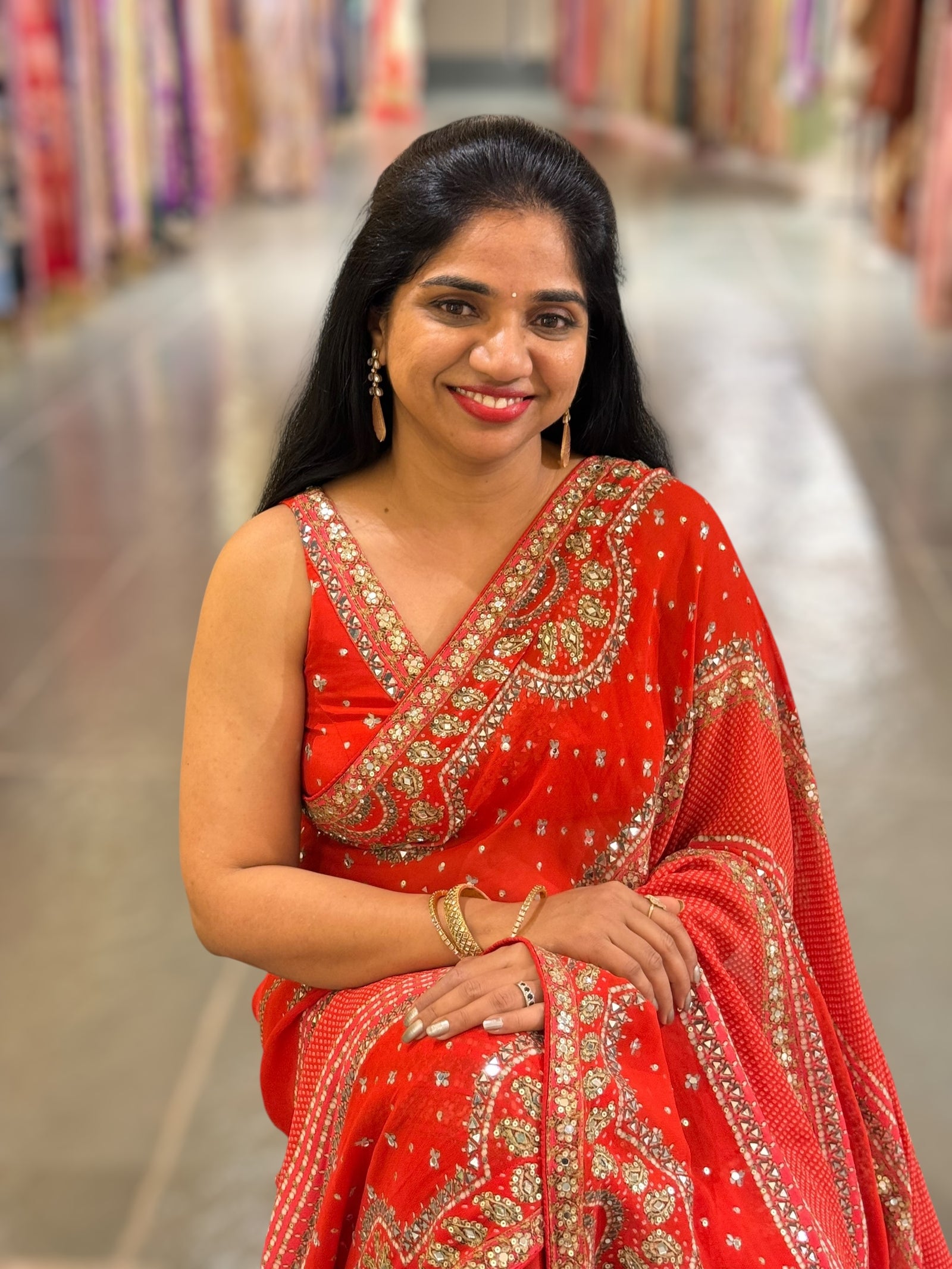 Orangish Red Kareena Inspired Gorgette Saree with allover mirrors