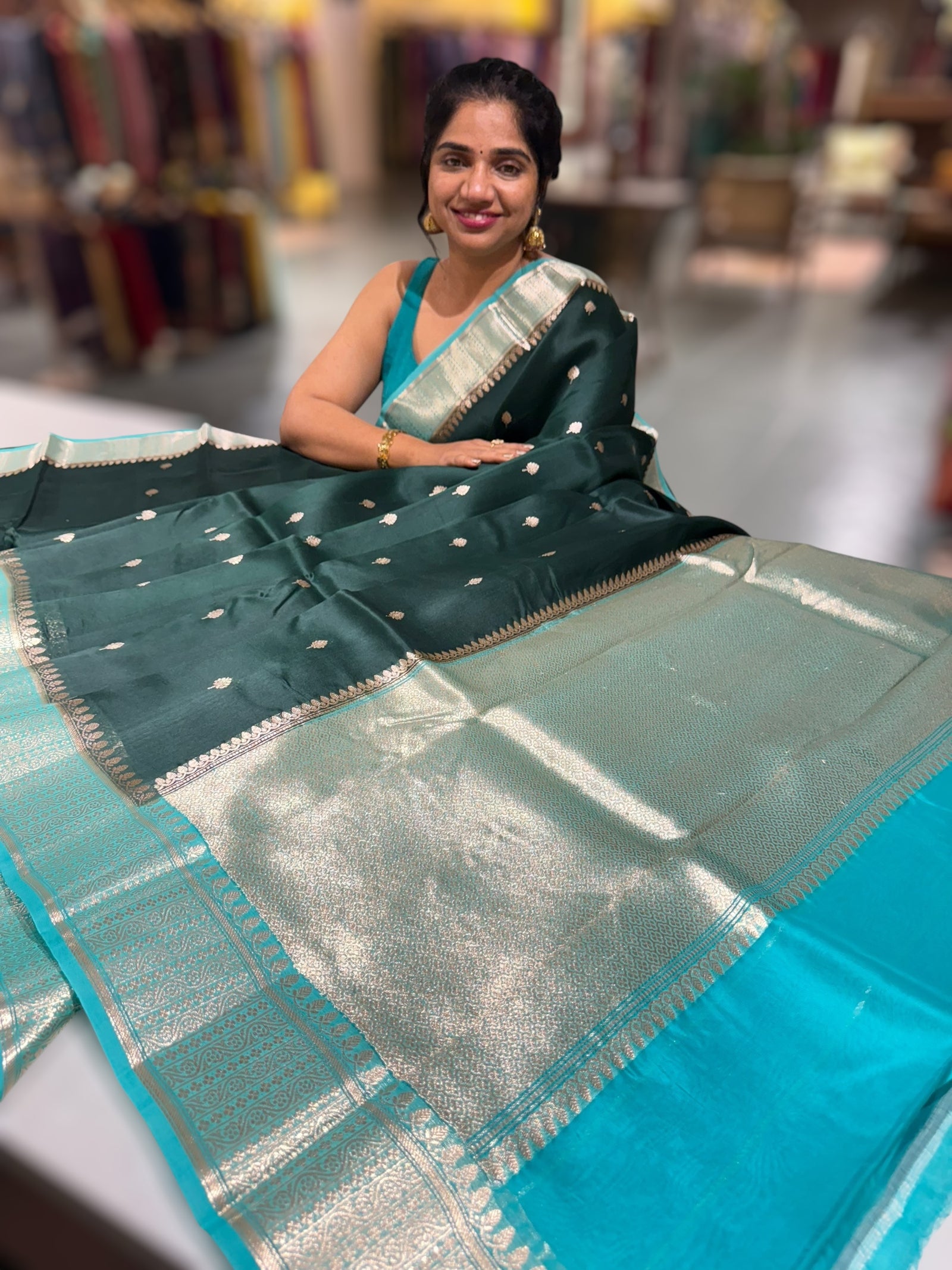 Forest Green & Teal Pure Handloom Kora Banarasi Saree